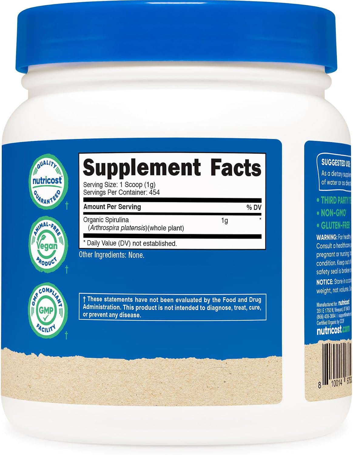 Nutricost Organic Spirulina Powder (1LB) 454 Grams, Pure, Vegan | Certified Organic Spirulina