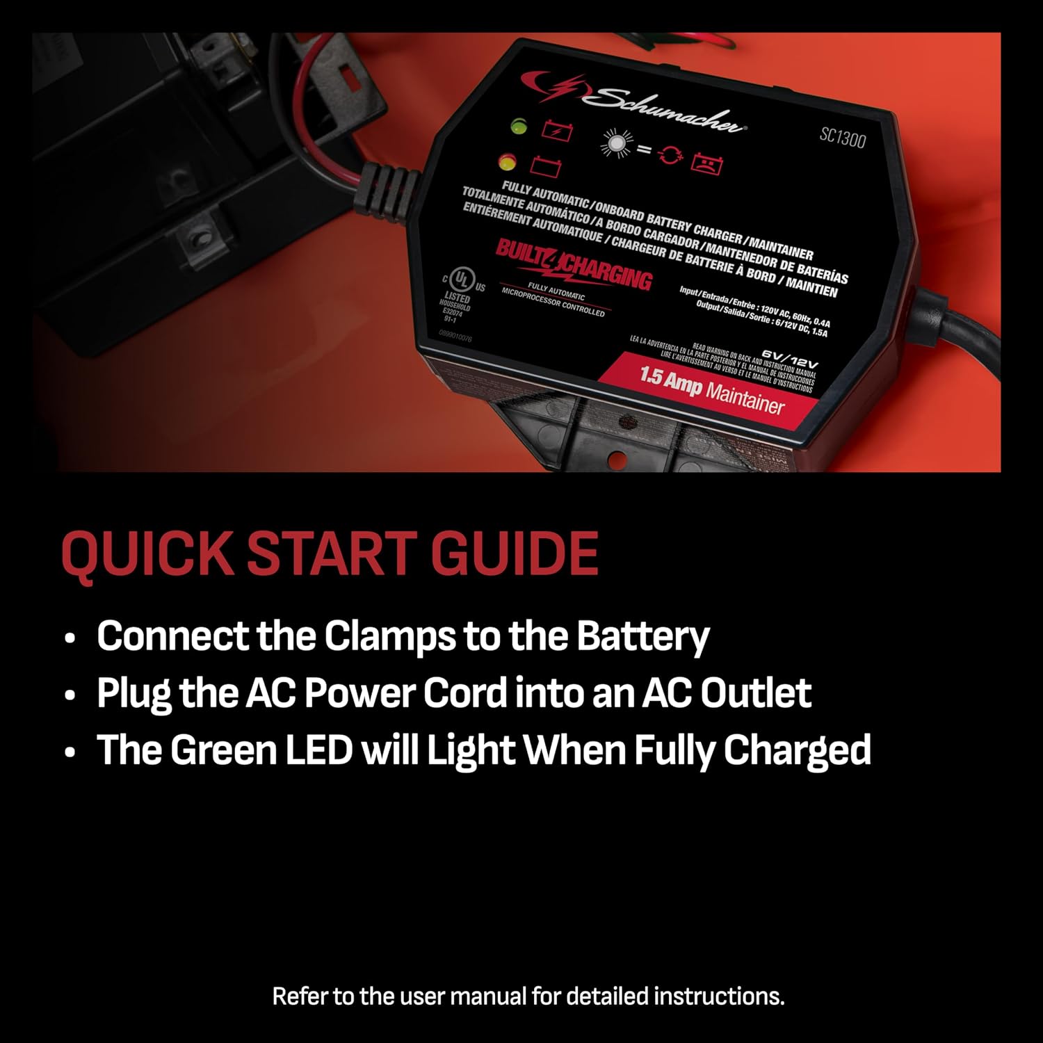 Schumacher Electric 1.5A Car Battery Charger & Maintainer, 6V/12V – SC1300