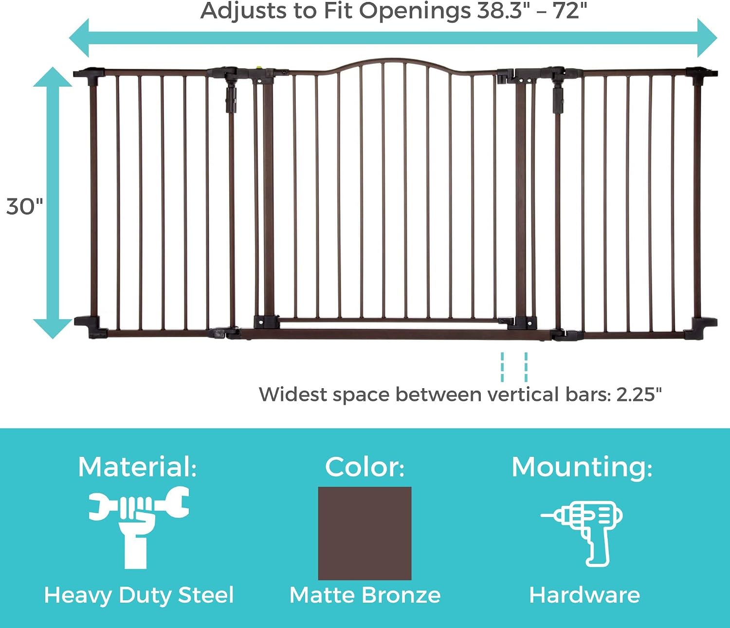 Toddleroo by North States - Deluxe Décor Safety Gate: Hardware Mounted Extra Wide Metal Baby Gate - Adjustable Child Gate - 38.3 to 72 Inches Wide - 30 Inches Tall - Matte Bronze