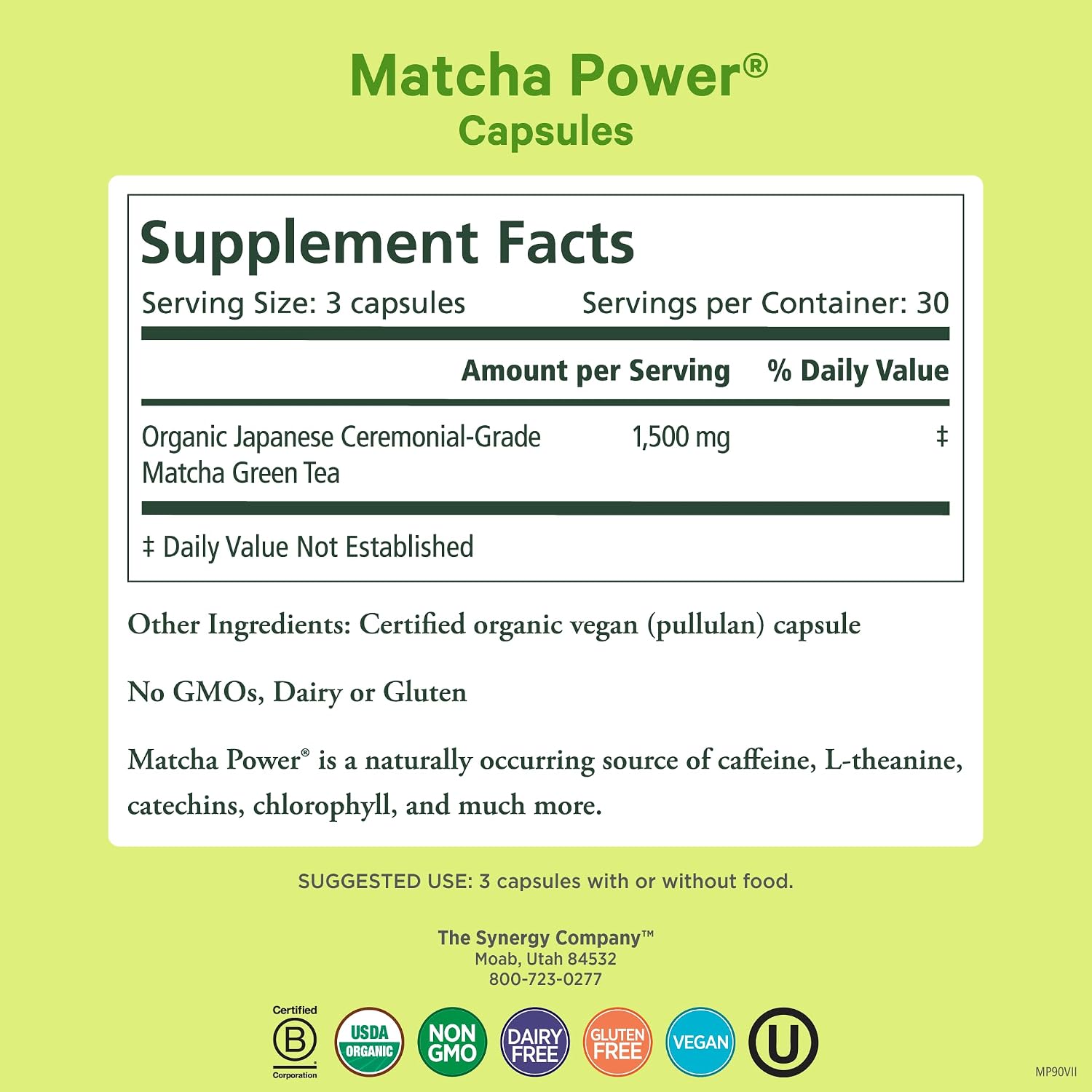 PURE SYNERGY Matcha Power | Organic Matcha Green Tea Capsules | Ceremonial Grade Supplement with EGCG | for Enhanced Energy & Alertness (90 Capsules)