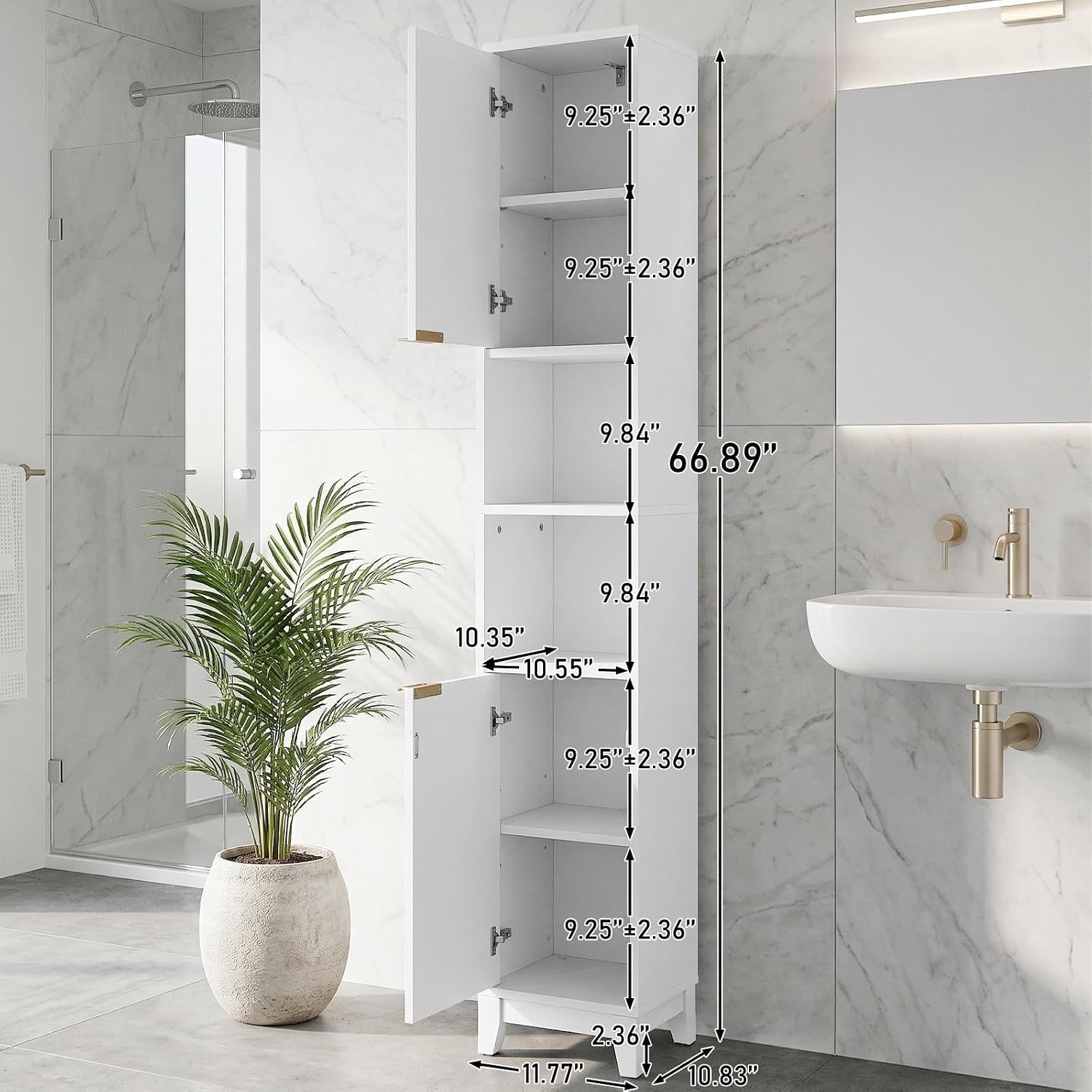 VINGLI White Fluted Tall Narrow Bathroom Cabinet, 67" Slim Freestanding Storage Cabinet for Small Spaces, Wood Linen Tower Floor Cabinet with 2 Doors