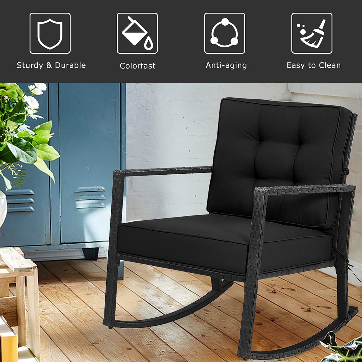 Tangkula Wicker Rocking Chair, Outdoor Glider Rattan Rocker Chair with Heavy-Duty Steel Frame