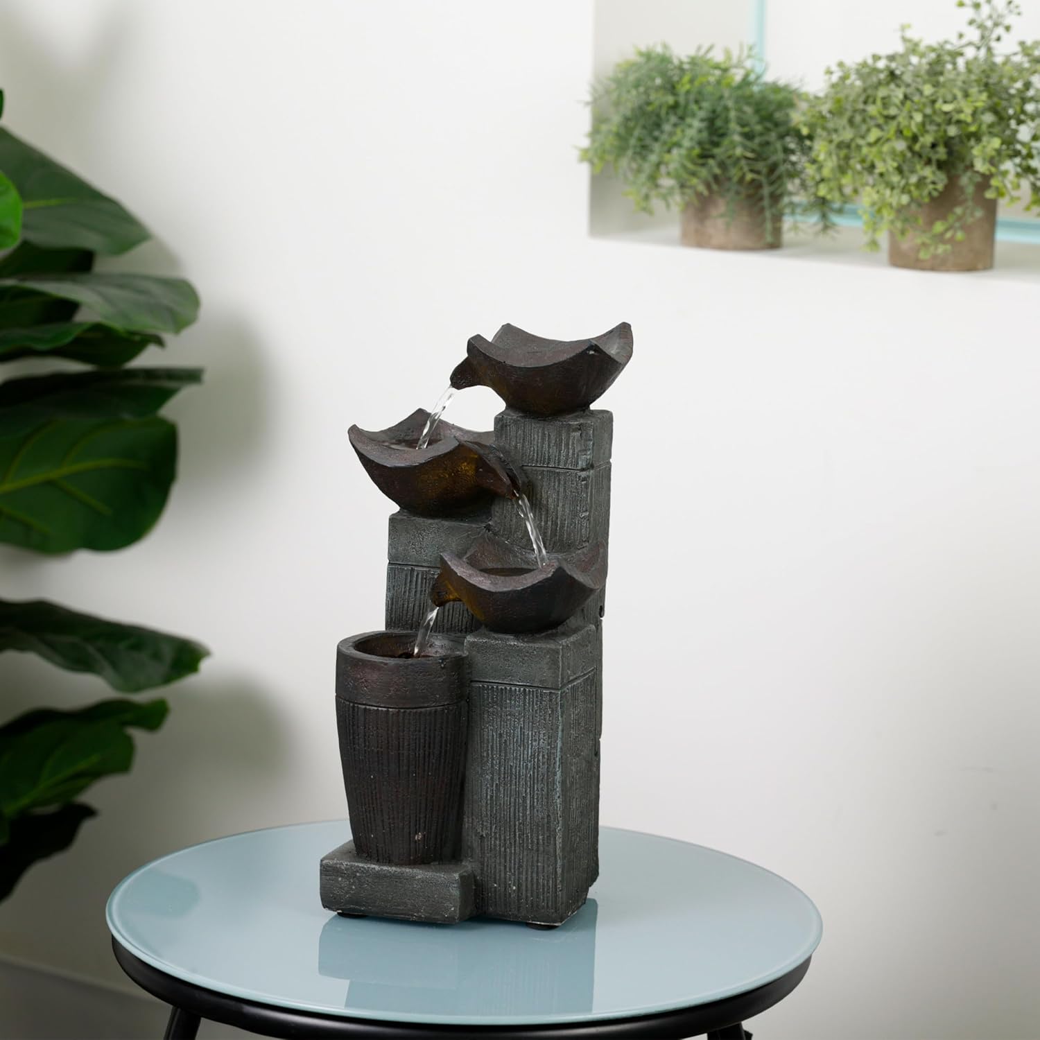 Alpine Corporation WIN326 Indoor Tabletop Light-Up Tiered Rainforest Tree Trunk Water Fountain with LED Lights, 11", Brown