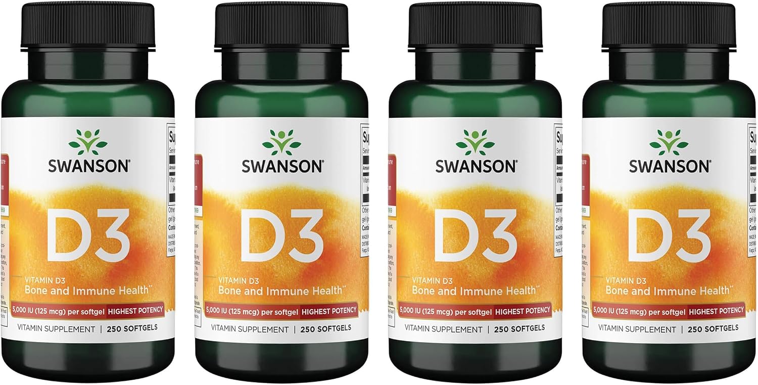 Swanson Vitamin D3 5,000 IU, 125 mcg Cholecalciferol, 250 Softgels | For Sun-Deprived Adults Seeking Bone, Immune, and Heart Support, 125 mcg Cholecalciferol, the Active Vitamin D3