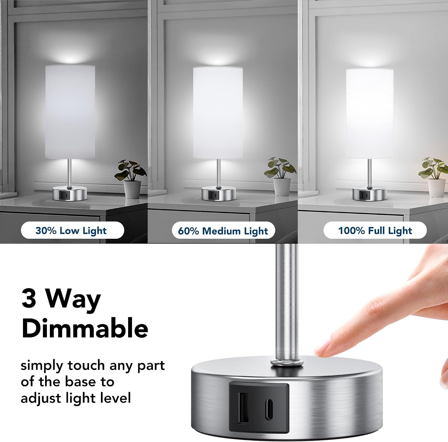 ROTTOGOON 12.8" Touch Control Table Lamp, 3-Way Dimmable Small Bedside Nightstand Lamp with 2 USB Ports