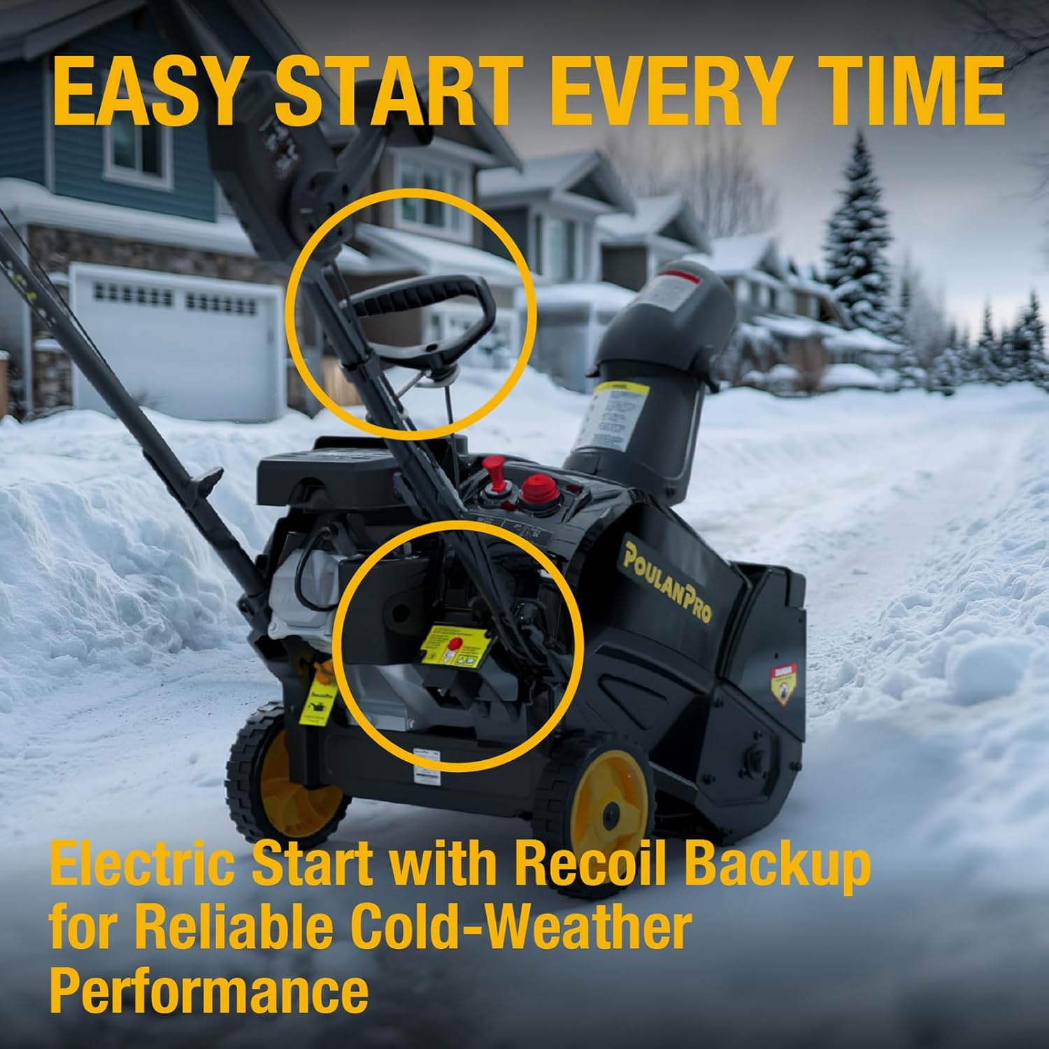Poulan Pro Snow Blower Gas Powered, Single Stage 18 Inch Gas Snow Thrower | with Electric Start, 190° Remote Chute Control