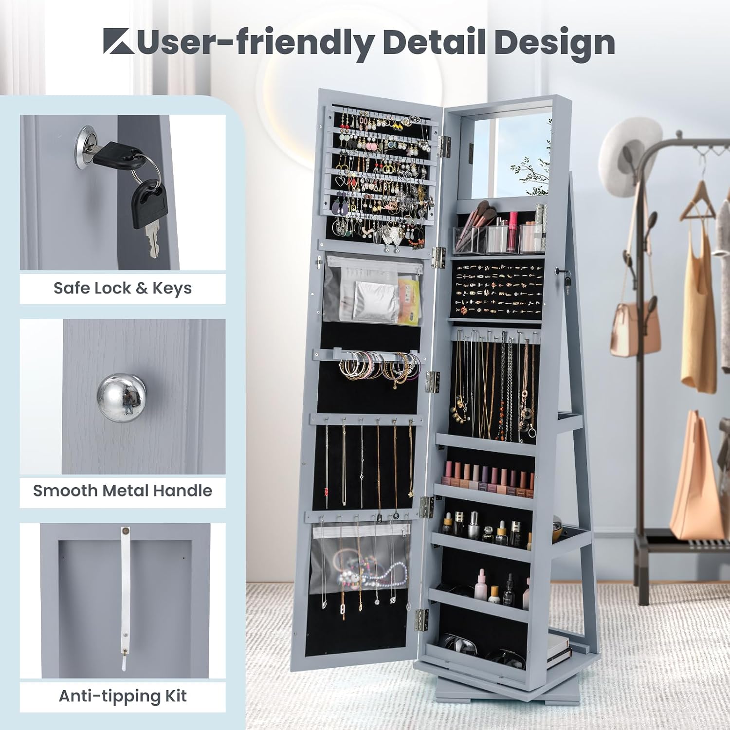 CHARMAID 360° Swivel Jewelry Armoire with Higher Full Length Mirror, Standing Lockable Jewelry Cabinet Organizer with Large Storage Capacity