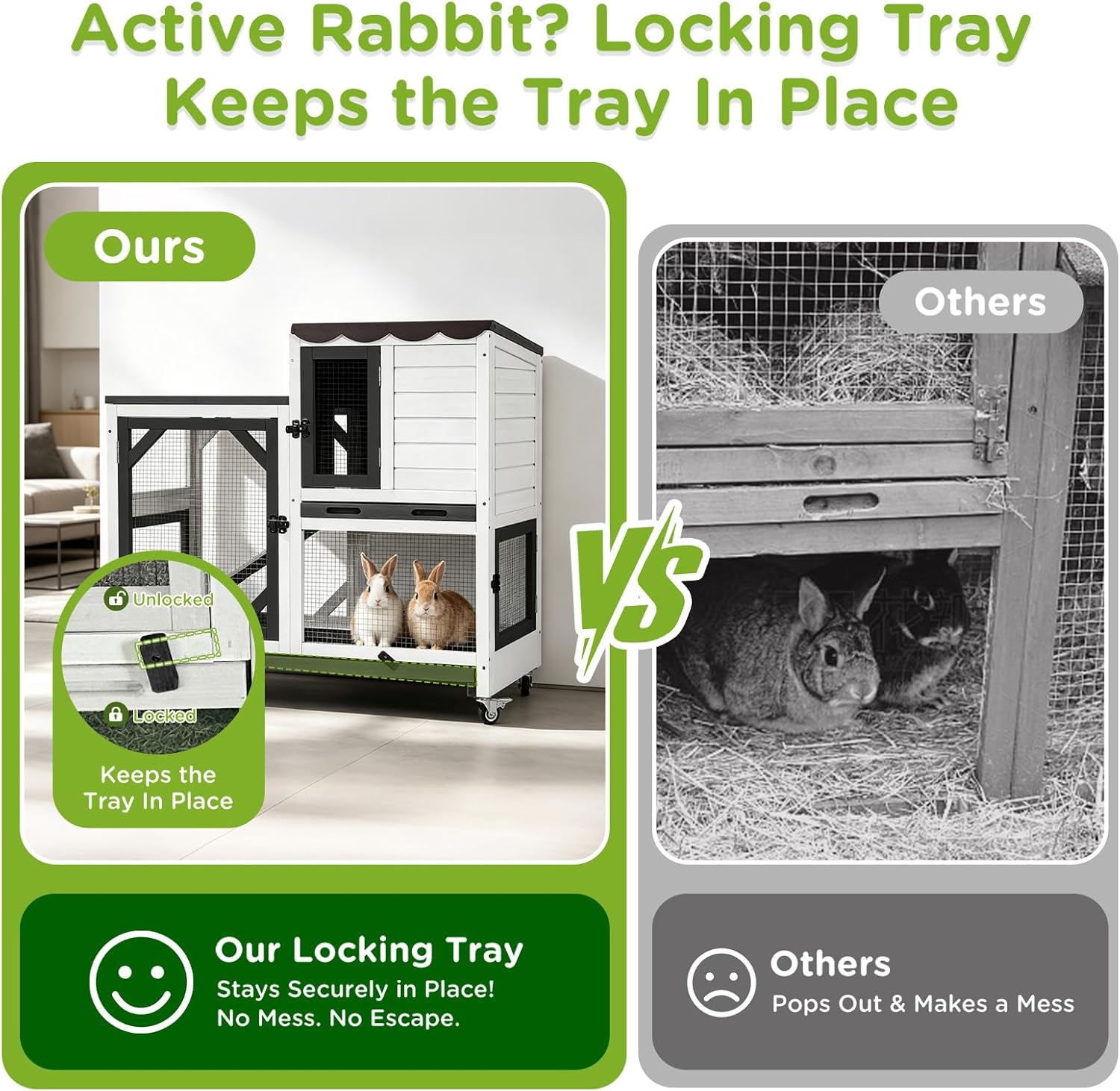Indoor Rabbit Bunny Hutch Outdoor, Guinea Pig Cages with Removable Bottom Wire Netting - Easy Clean