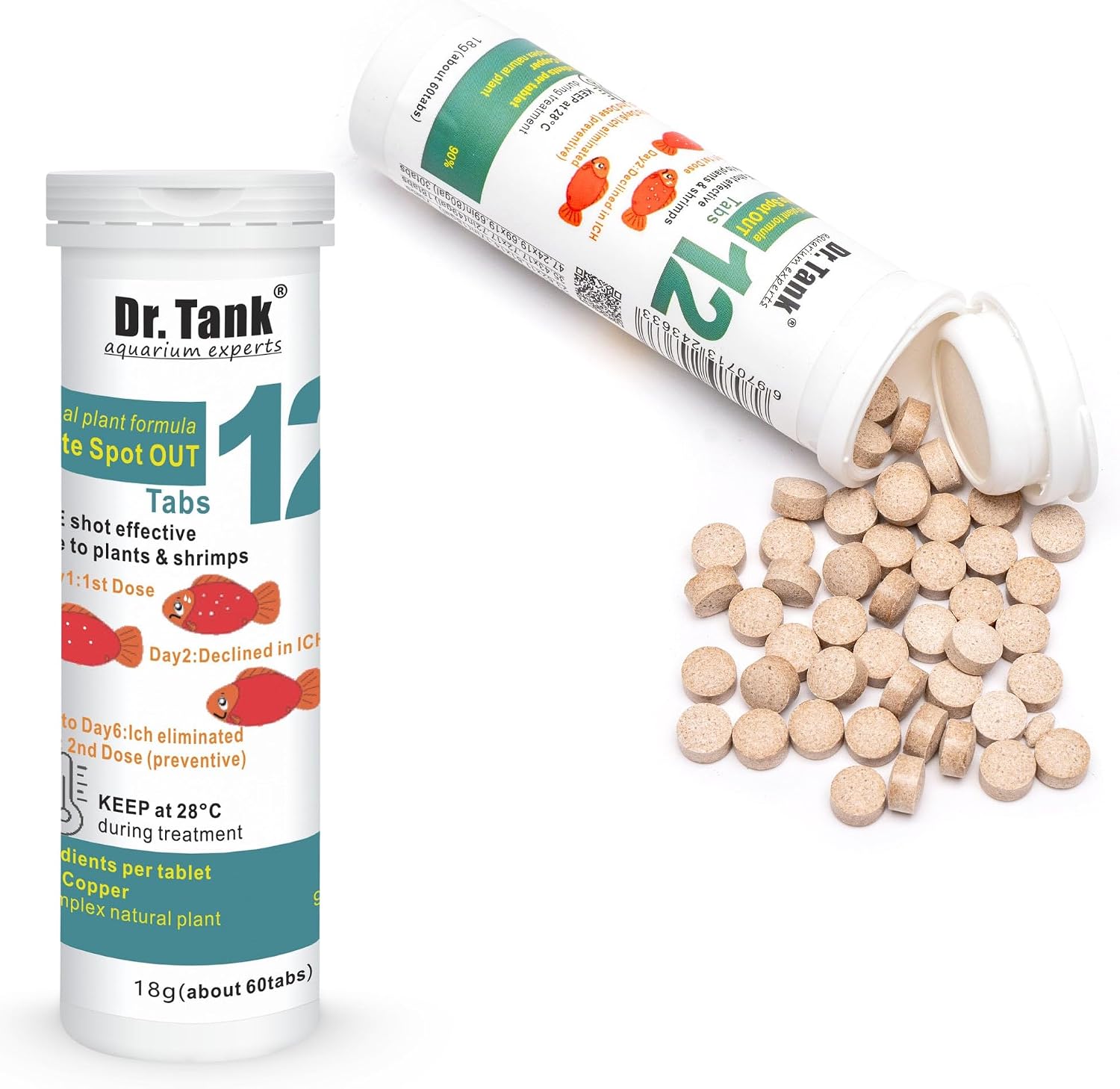 Dr. Tank #12 White Spot Out - Ich Treatment for Freshwater Fish - Eliminates Ick White Spot Disease - Safe for Aquatic Plants - 60 Tablets