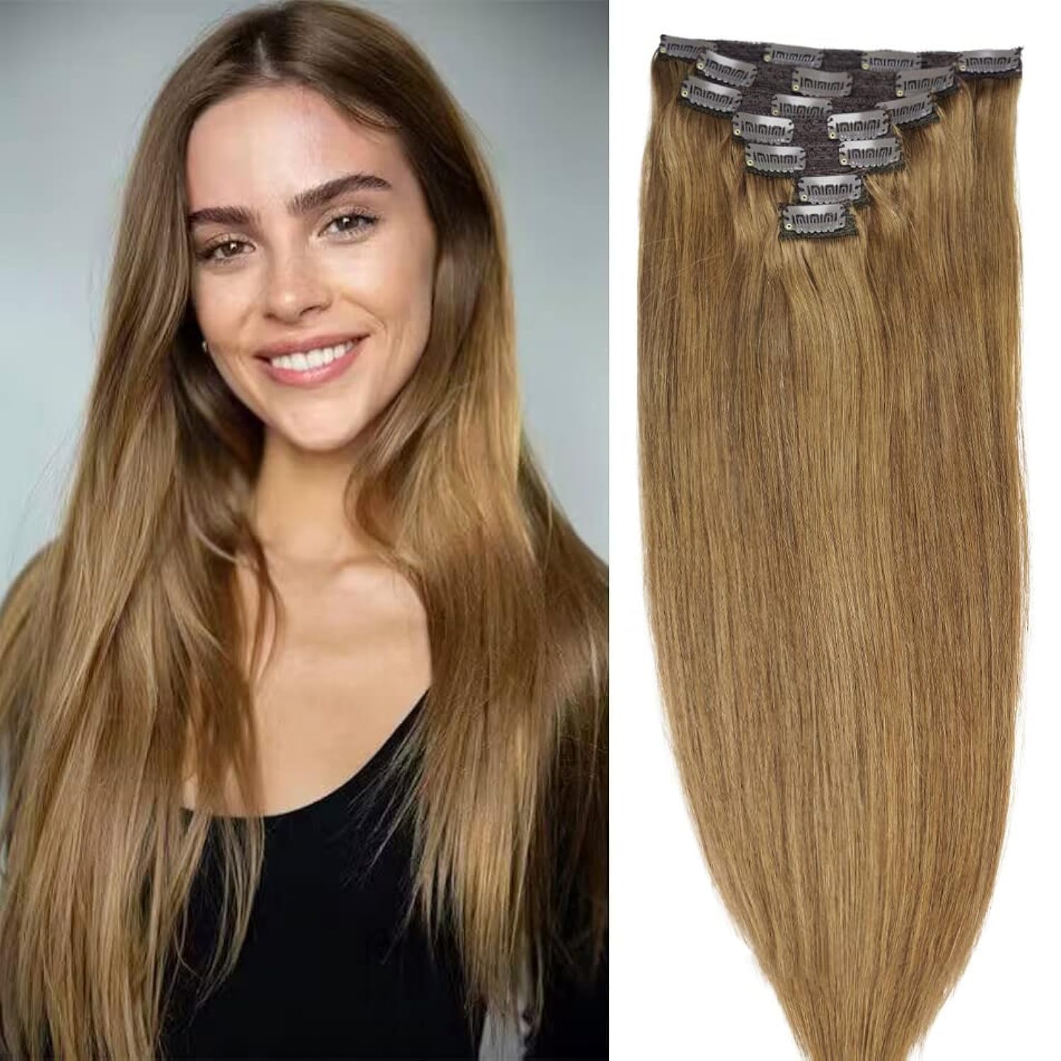 22" Clip in Human Hair Extensions Full Head 200g 10 Pieces 22 Clips Light Brown Double Weft Brazilian Real Remy Hair Extensions Thick Straight (22"