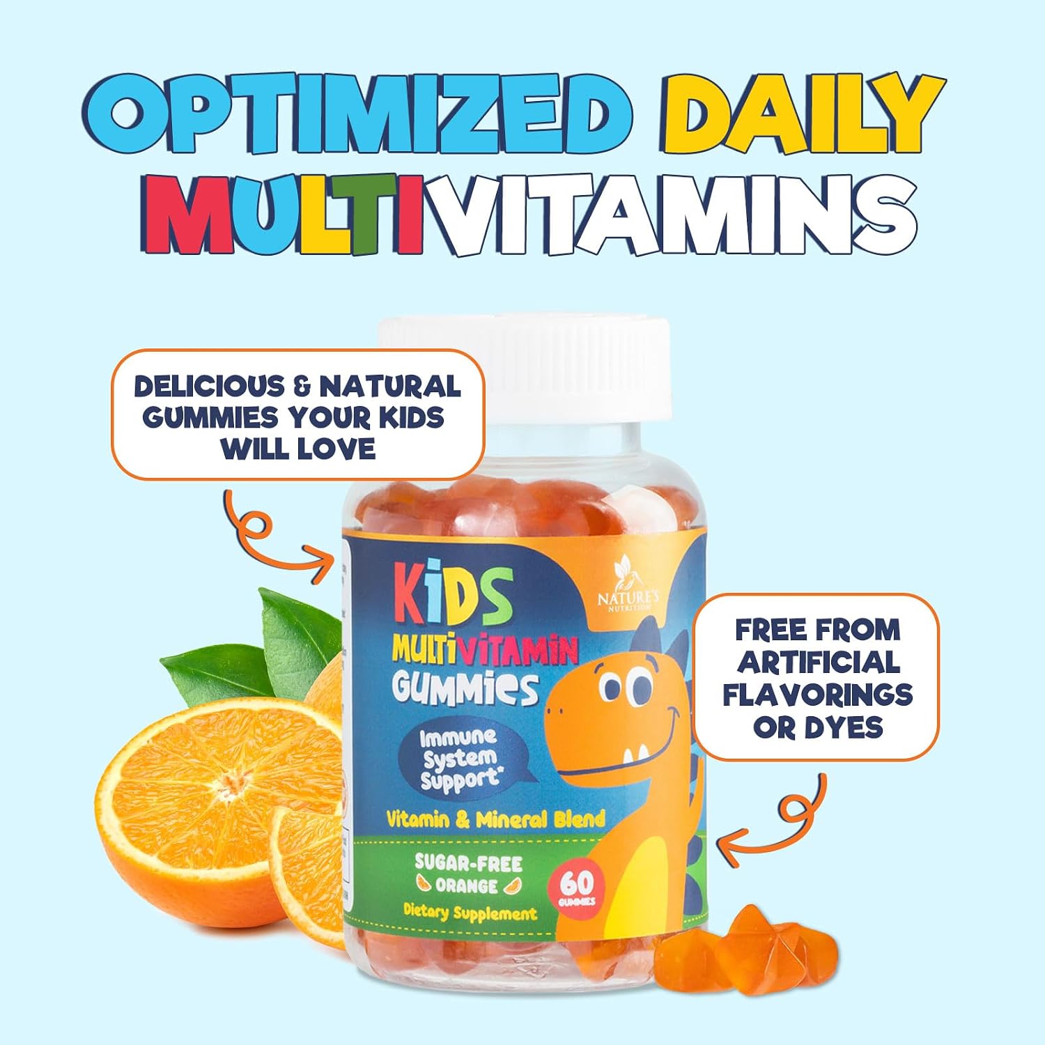 Kids Multivitamin Gummies - Sugar Free - Tasty Orange Flavor Gummy - Daily Immune Support with 100% Vitamin B12 - Essential Vitamins A, C, D3, E, B6