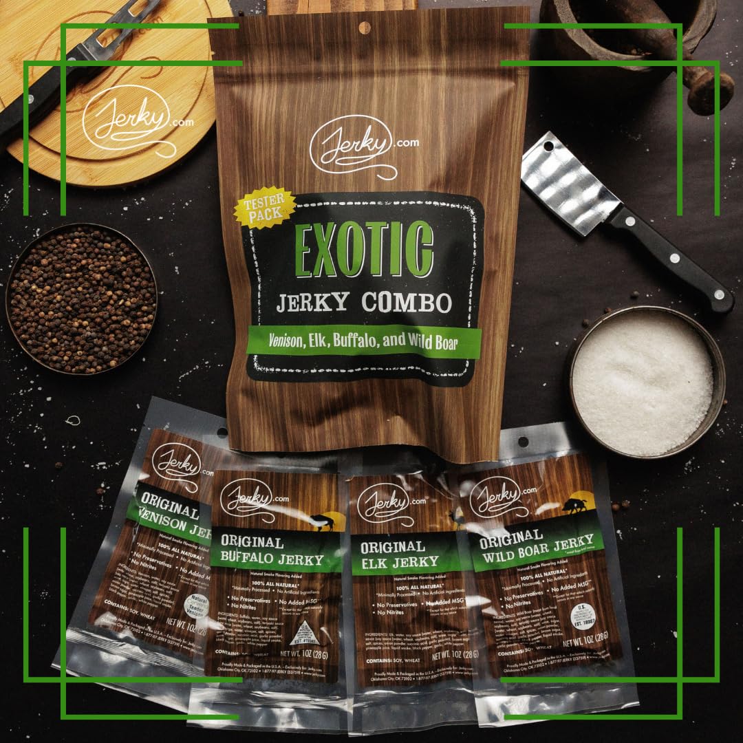 Jerky.com Exotic Jerky Variety Pack | 4pc Wild Game Snacks Sampler with Venison, Elk, Buffalo & Wild Boar | High Protein, Keto, Exotic Jerky Gifts for Men | Gifts for Men & Hunters | Venison, Elk, Buffalo & Wild Boar, High Protein, Keto Friendly, Exotic…