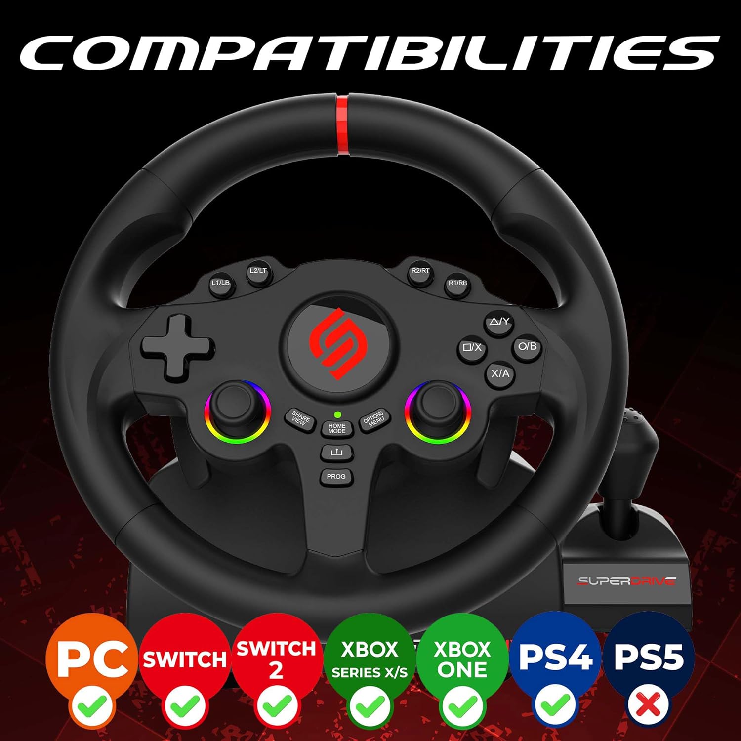 SUBSONIC Racing SV250 Gaming Steering Wheel Switch 2, PS4, Xbox & PC – 180°