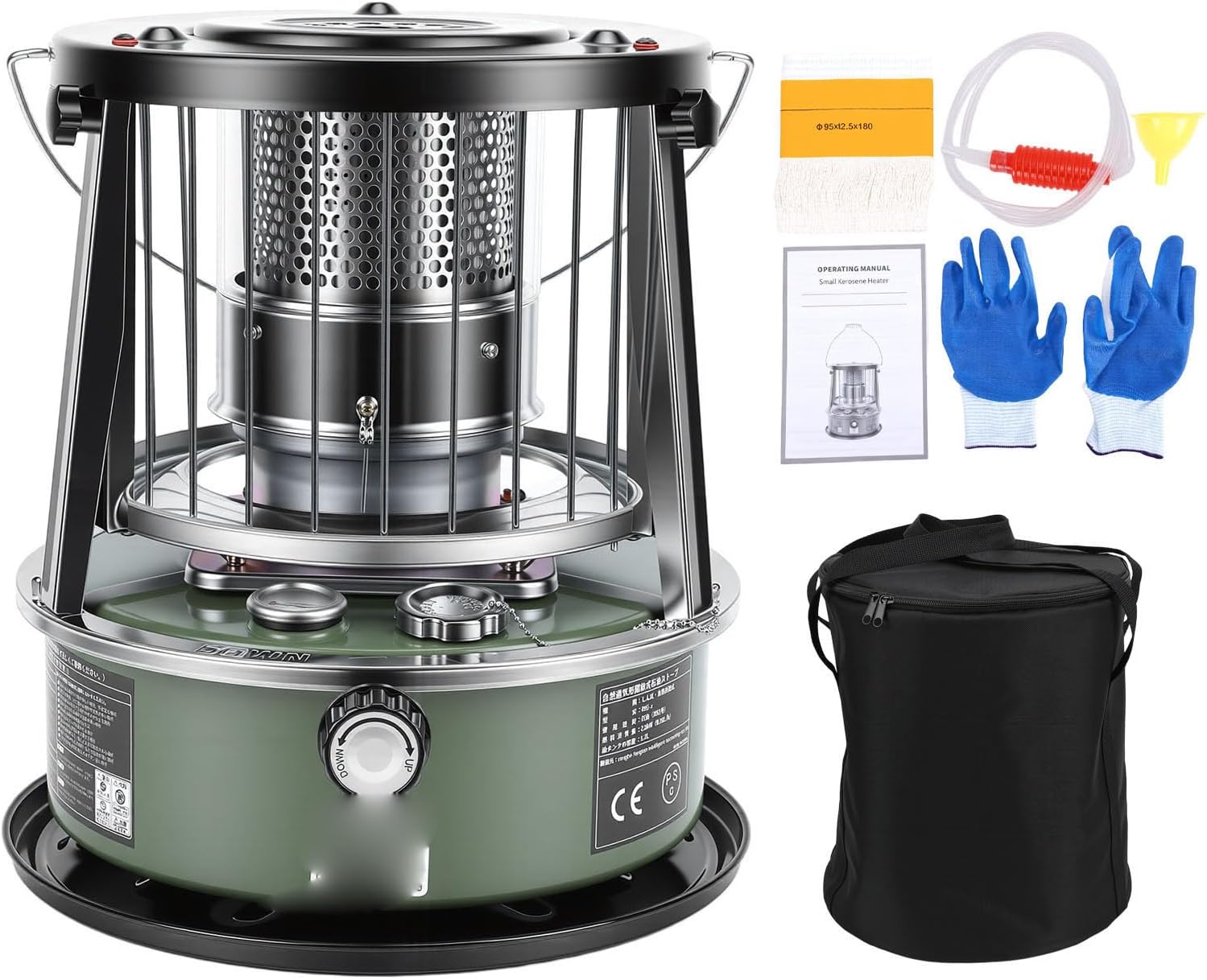 Portable Kerosene Heater, Adjustable Height 5.2L 20-25 Hours Heat 2.6KW Output for Garage Camping Emergency, with Safety Net and Accessories