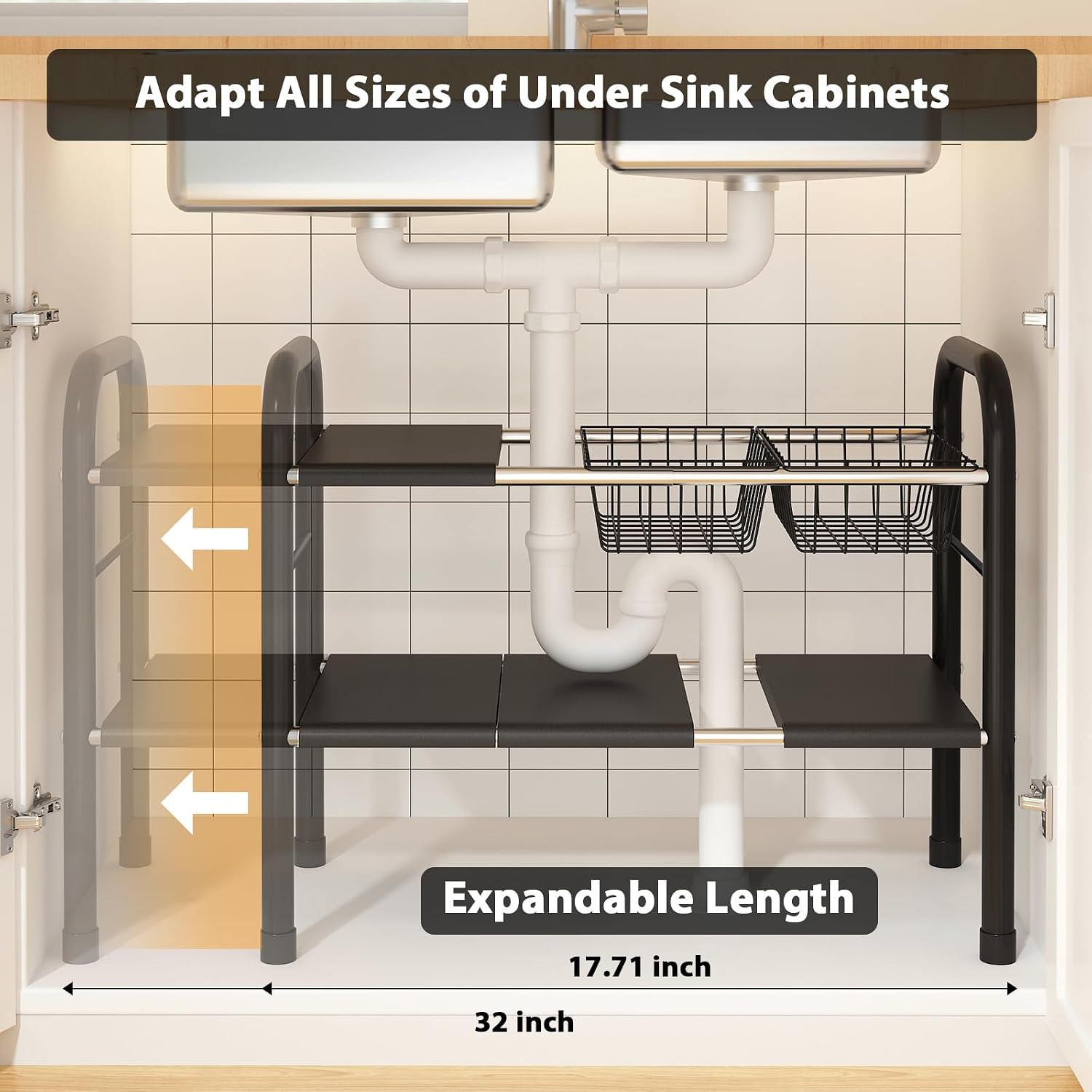 Expandable Under Sink Organizer, 2 Tier Under Sink Shelf | With 2 Removable Baskets and 6 Removable Panels
