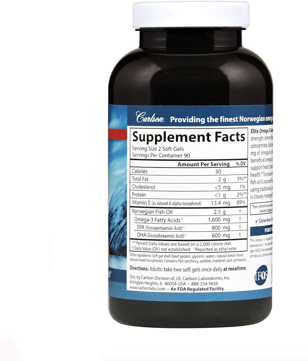 Carlson Elite Omega-3 Gems, 1600 mg, from Norway, Lemon, 90 + 30 Softgels | Omega-3 Fatty Acids Including EPA and DHA; Wild-Caught Fish Oil Supplement; Sustainably Sourced Omega 3 Fish Oil Capsules
