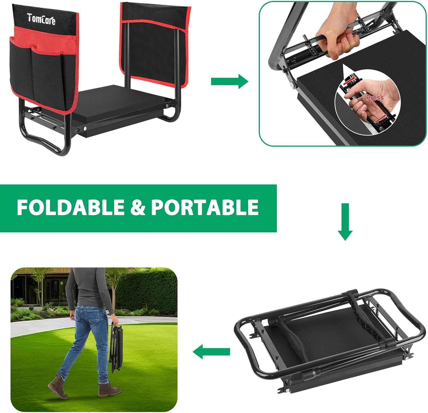 TomCare Garden Kneeler and Seat, 11.12" Kneeling Pad Sturdy Garden Bench | Heavy Duty Garden Stool, 450 lbs Load Capacity, 2 Tool Pouches, Foldable Design, Gardening Gift for Women, Men and Gardeners