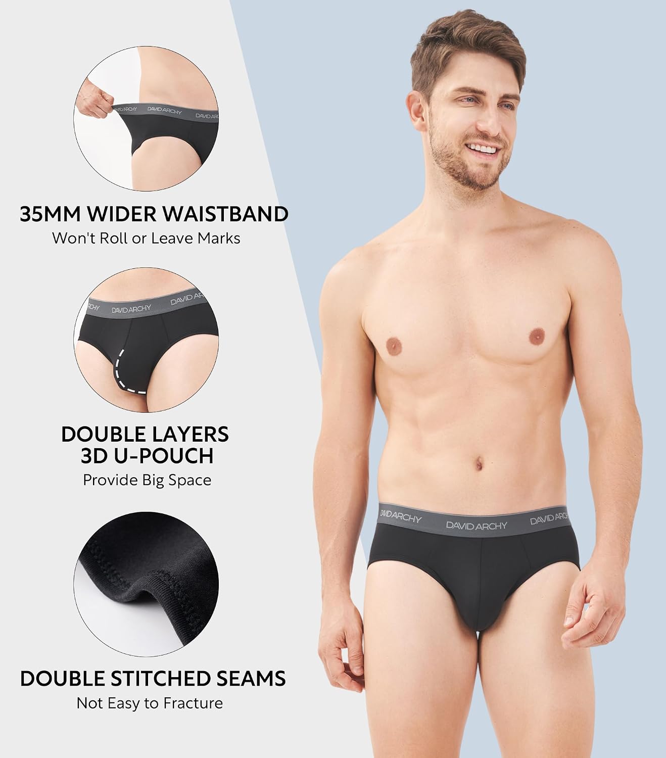 DAVID ARCHY Men's Breathable Support Pouch Underwear Briefs 4 or 7 Pack | Cooling moisture-wicking no-fly Rayon made from bamboo features anti-roll elastic waistbands and vibrant fade resistance.
