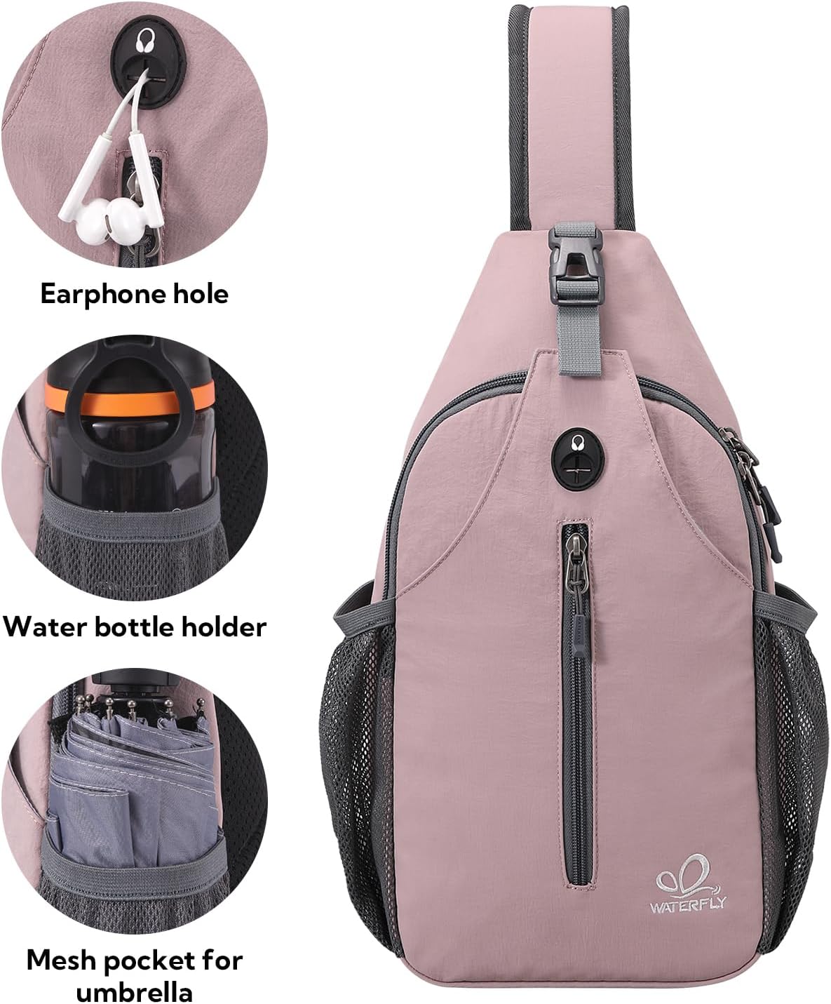 WATERFLY Crossbody Sling Backpack Sling Bag Travel Hiking Chest Bag Daypack (Black) | Small Hiking bag,Multi-compartment storage,Water-resistant,Breathable back pad,Reversible adjustable shoulder strap