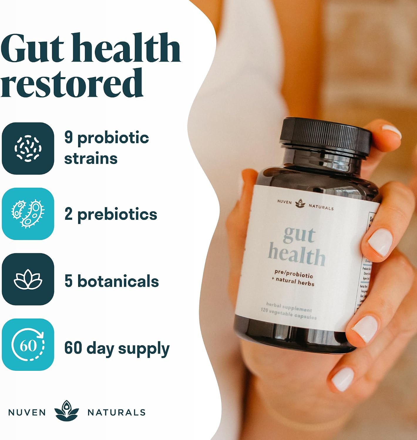 Nuven Naturals All-in-One Gut Health w/Probiotics, Prebiotics, Digestion-Supporting Herbs