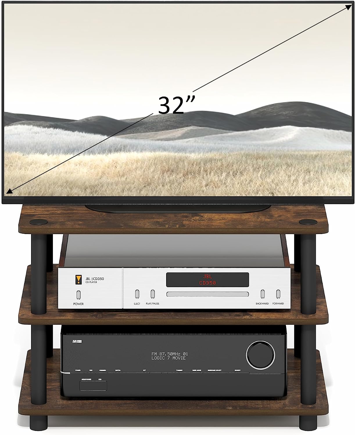 Furinno Turn-N-Tube TV Riser Stand, 2-Tier Small Elevated No Tools TV Stand, TV Console for TV up to 32 inch, 15.8 x 23.8 x 11, for Living Room, Bedroom, French Oak/Black