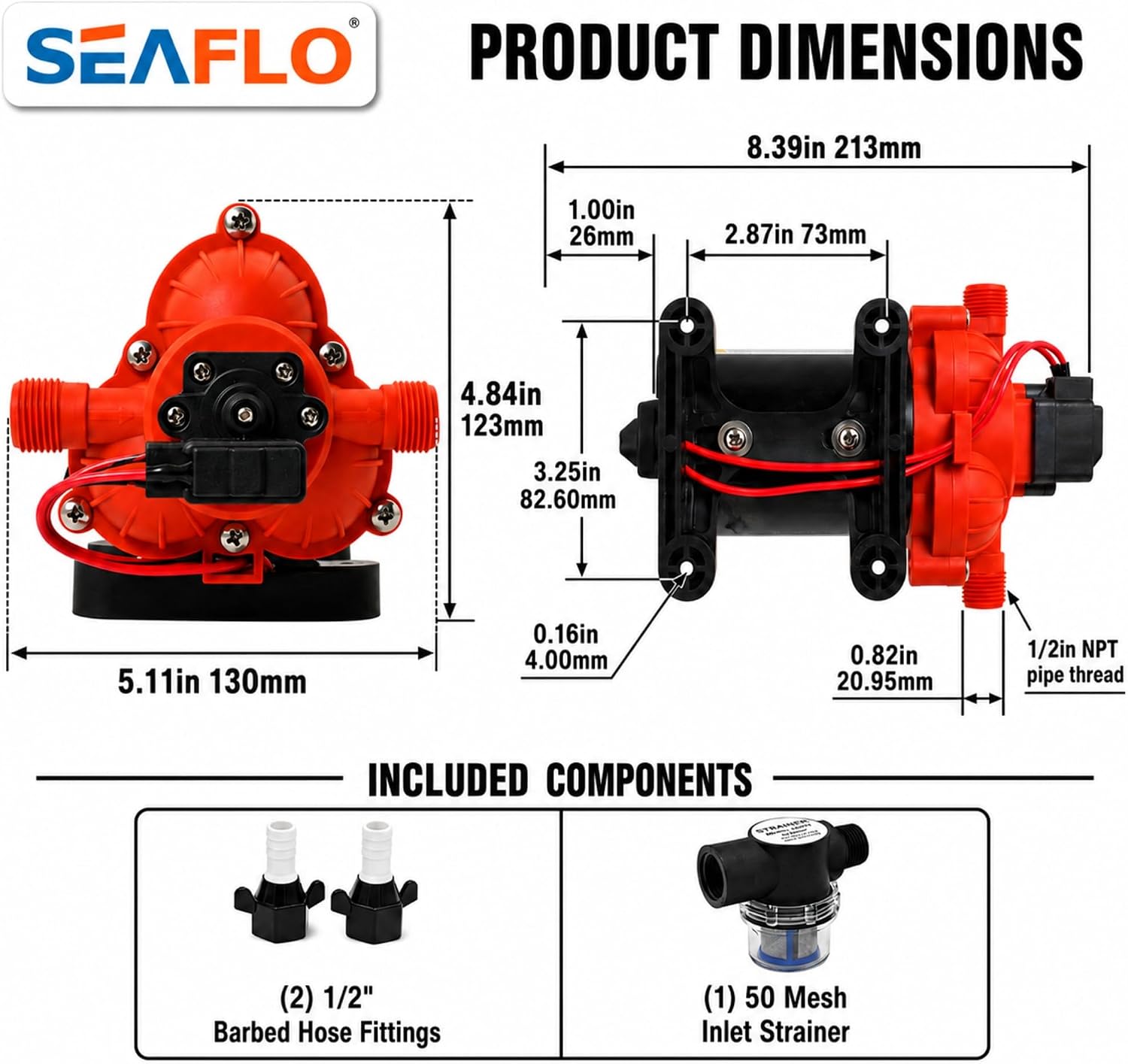 SEAFLO 55 Series 12V RV Water Pump 5.5 GPM 60 PSI Diaphragm Pump Heavy Duty Pressure Switch Built In Bypass Self Priming Quiet High Flow RV Marine Off Grid Freshwater System 4-Year Warranty