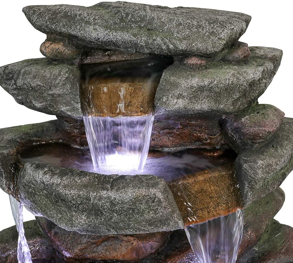 PeterIvan Outdoor Relaxing Waterfall - 6-Tier Fountain with 6 LED Lights, Stone-Liking Resin for Patio, Garden, House&Office (40.6in, Grey)