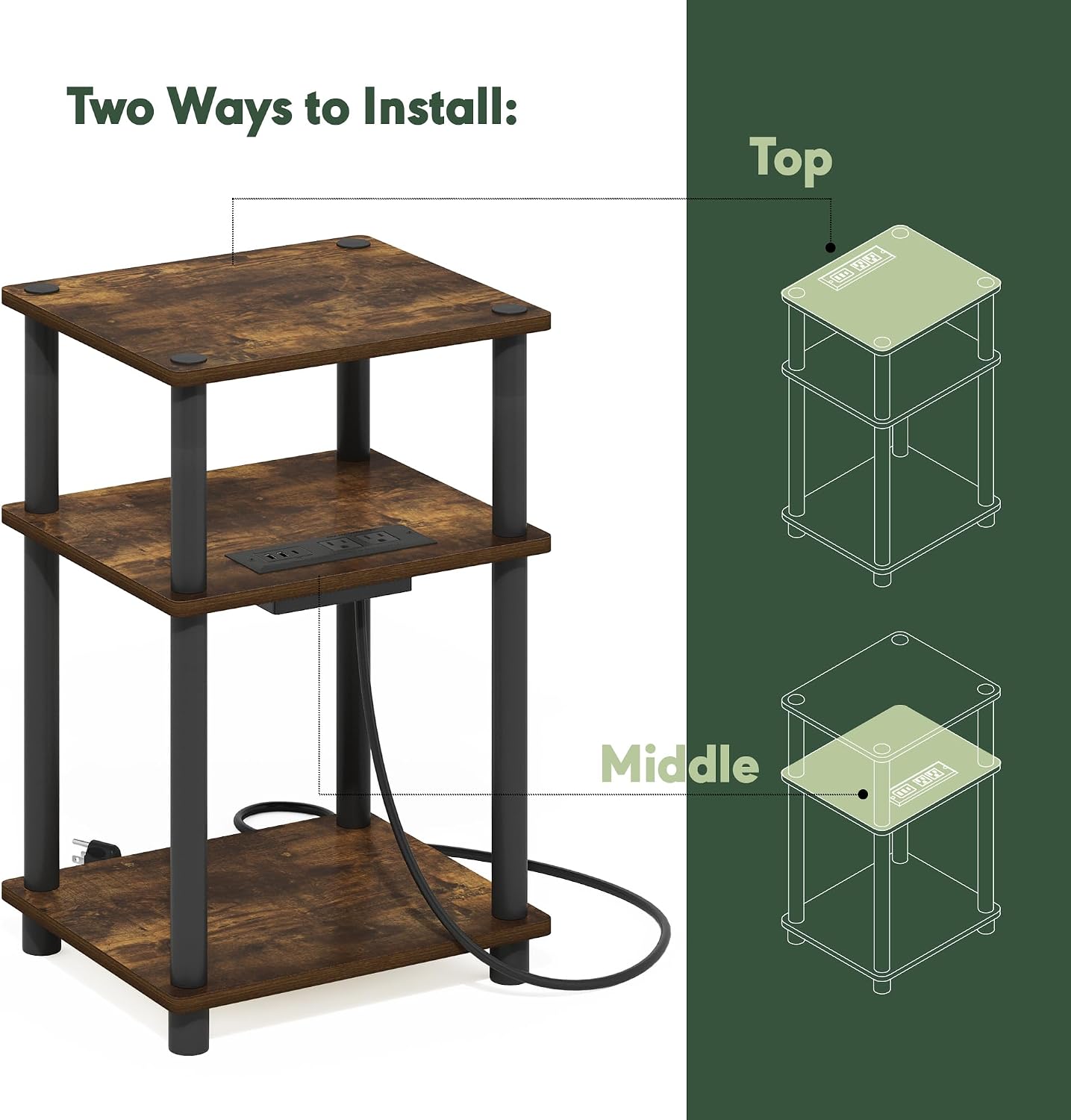 Furinno Turn-N-Tube End Table Corner Shelves, Set of 2, Dark Cherry/Black | Stackable Modern End Table with Open Shelf, Night Stand, Bedside Table, for Living Room, Bedroom