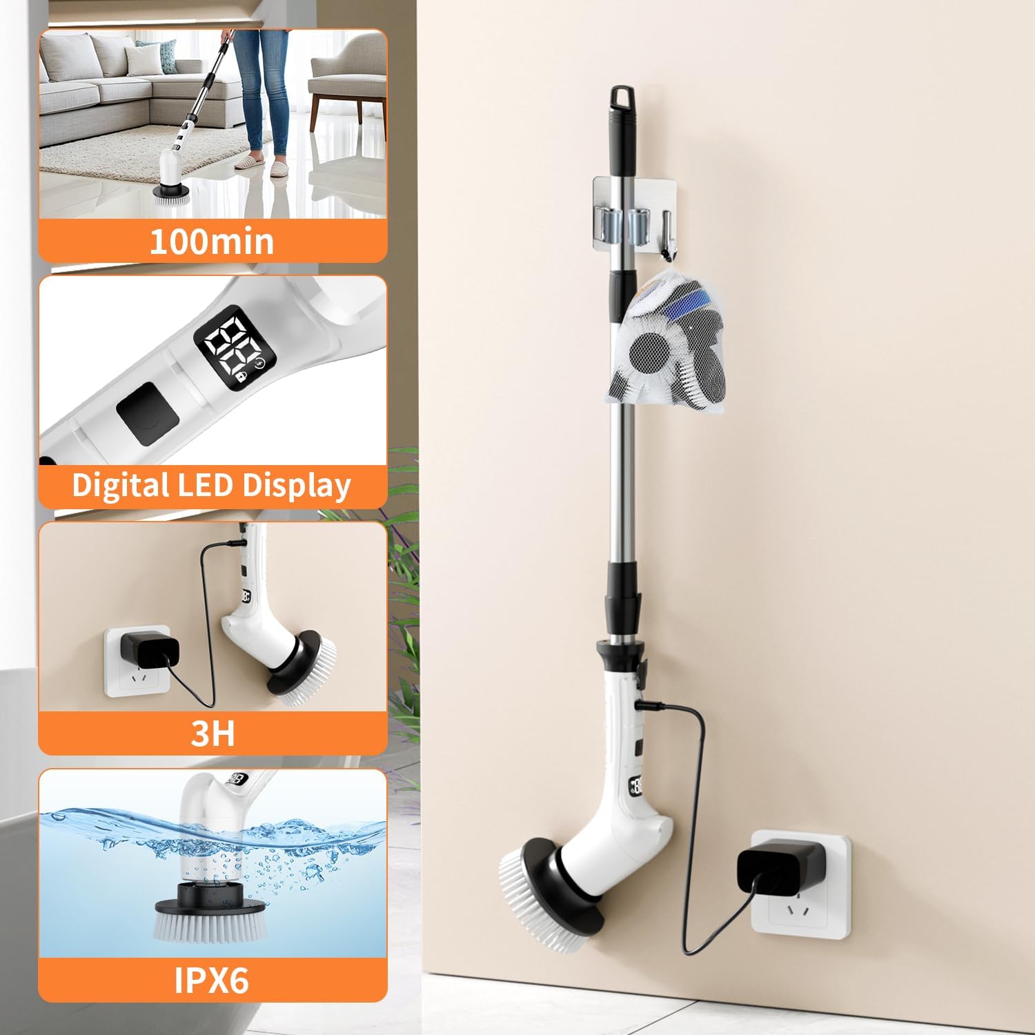 Electric Spin Scrubber for Cleaning Bathroom,Cordless Power Shower Scrubber - Electric Cleaning Brush for Tile Tub Bathtub Kitchen Wall Cleaning