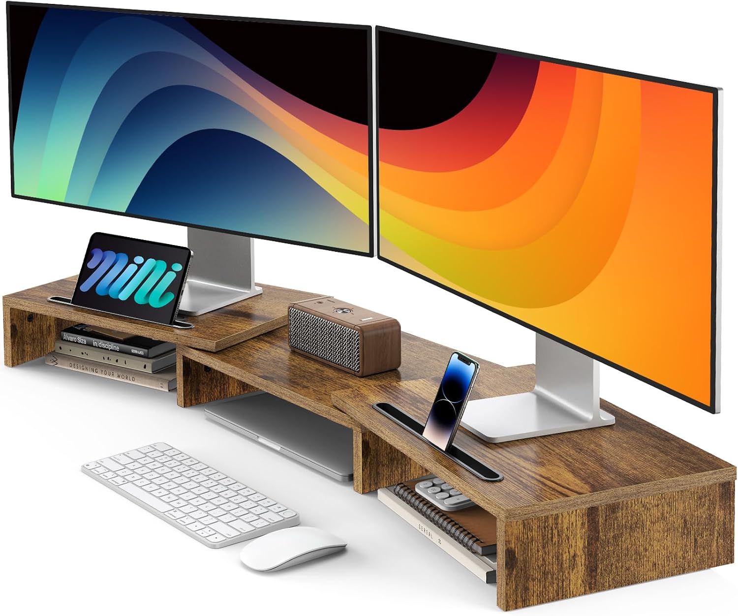 AMERIERGO Dual Monitor Stand Riser- 3 Shelf Screen Stand with Adjustable Length and Angle, 2 Extra Functional Slot Desktop Organizer Stand for PC