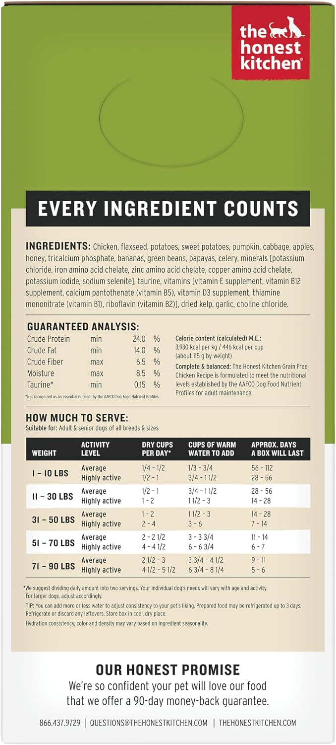 The Honest Kitchen Human Grade Wholemade™ Dehydrated Grain Free Dog Food – Complete Meal or Dog Food Topper – Chicken 4 lb (Makes 16 lbs)