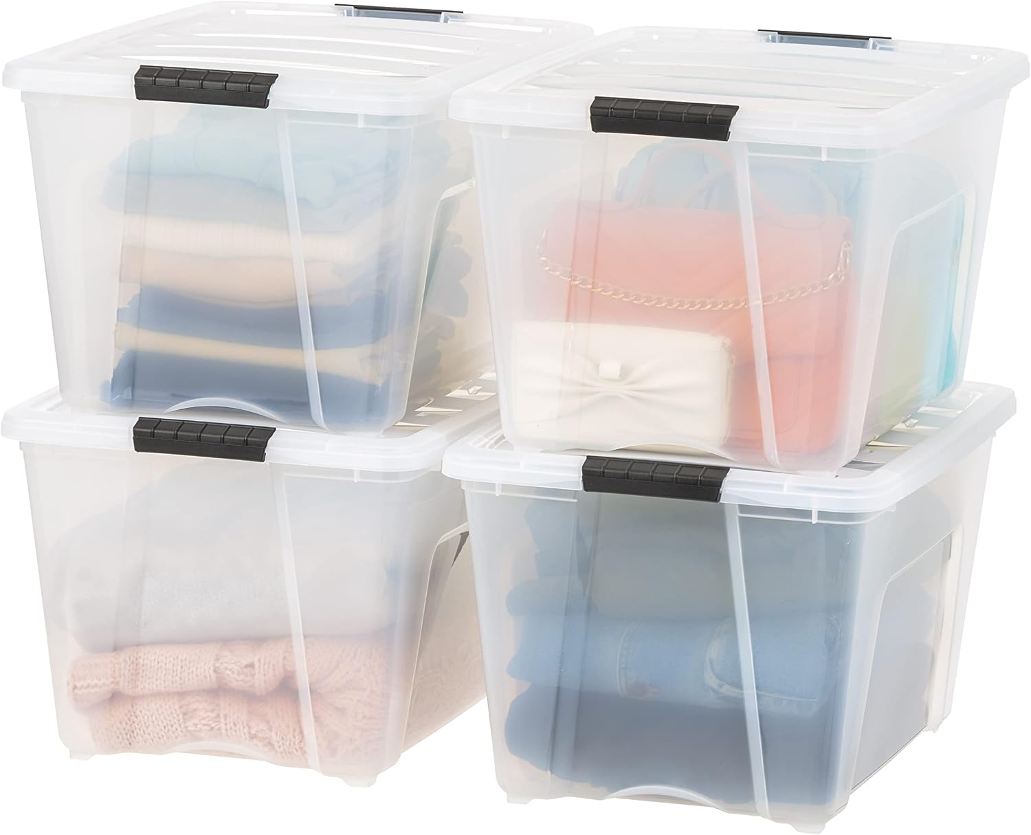 IRIS USA 6-Pack 54 Quart Storage Bins with Lids, Clear | Transparent design makes contents easy to find. Perfect for moving, blankets, clothing, and garage storage. Nestable design