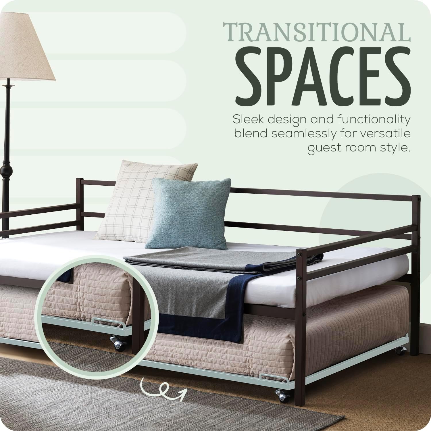 2K Furniture Designs - Twin Size Black Metal Roll Out Trundle Bed Frame for Daybed | Space-Saving Guest Bed - Slides Under Daybeds for Overnight Visitors, Dorms, and Small Spaces