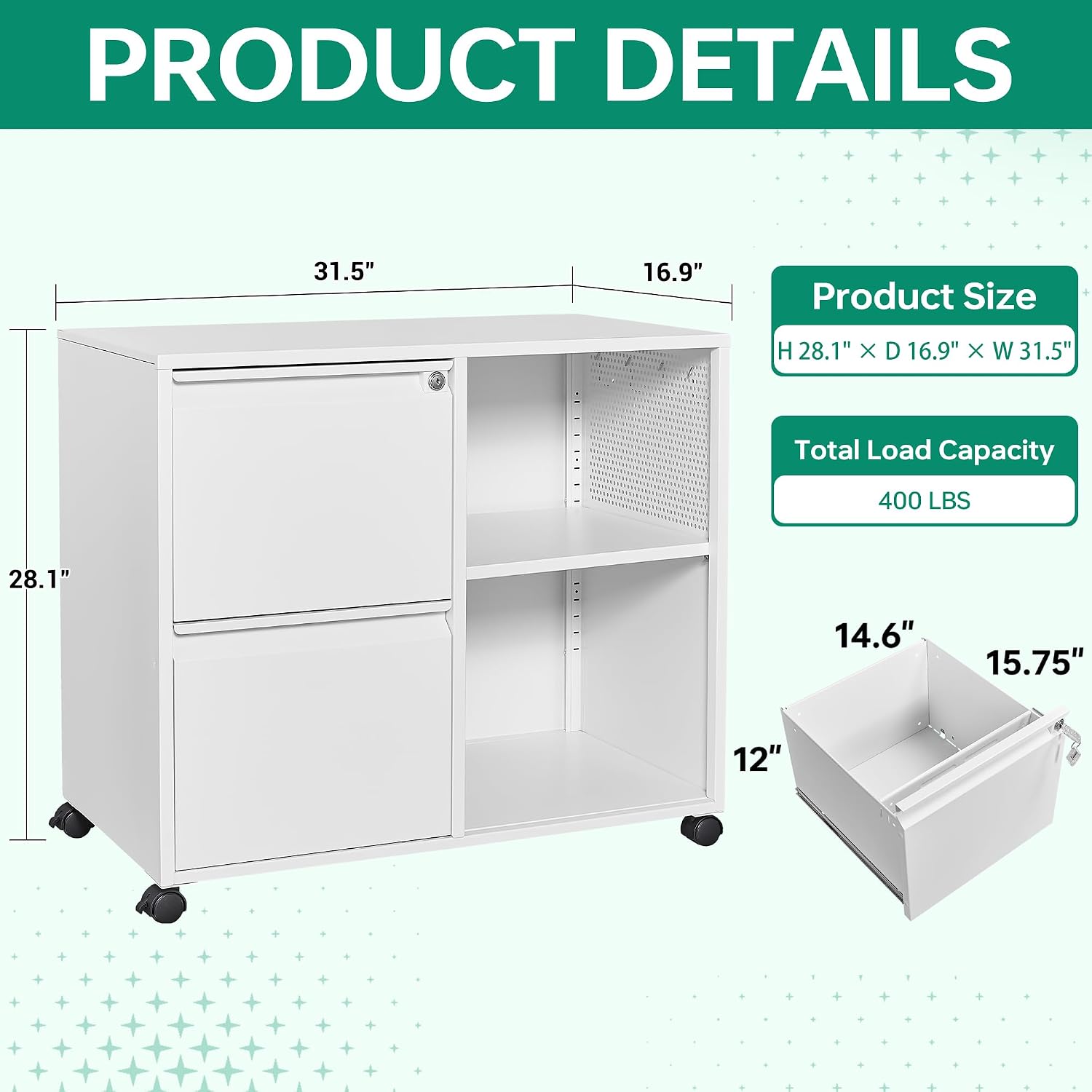 Mobile 3 Drawer File Cabinet with Lock-Metal Lateral Rolling Printer Stand Filing Cabinets for Home Office-Storage A4/F4/Letter (White)