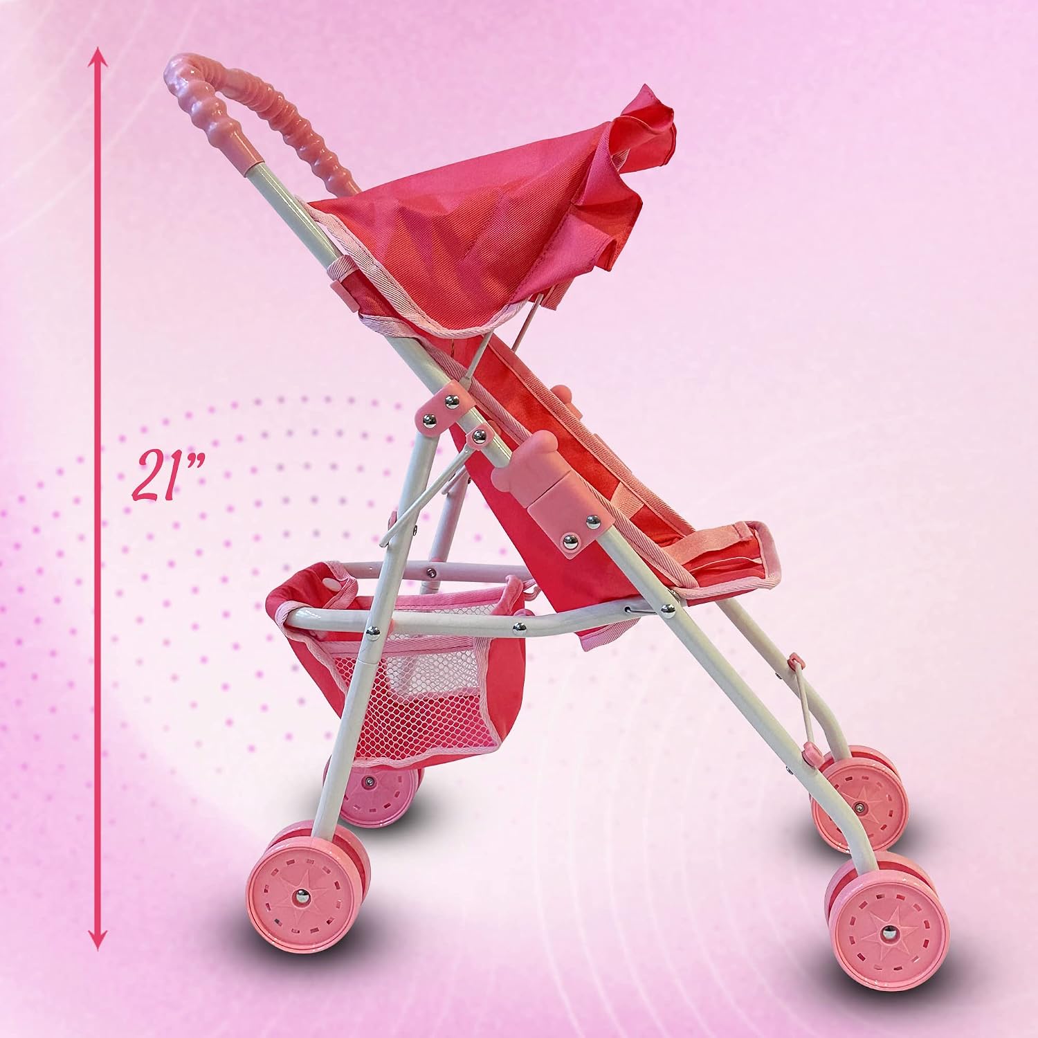 The New York Doll Collection My First Doll Stroller with Basket & Heart Design Foldable Doll Stroller, Pink