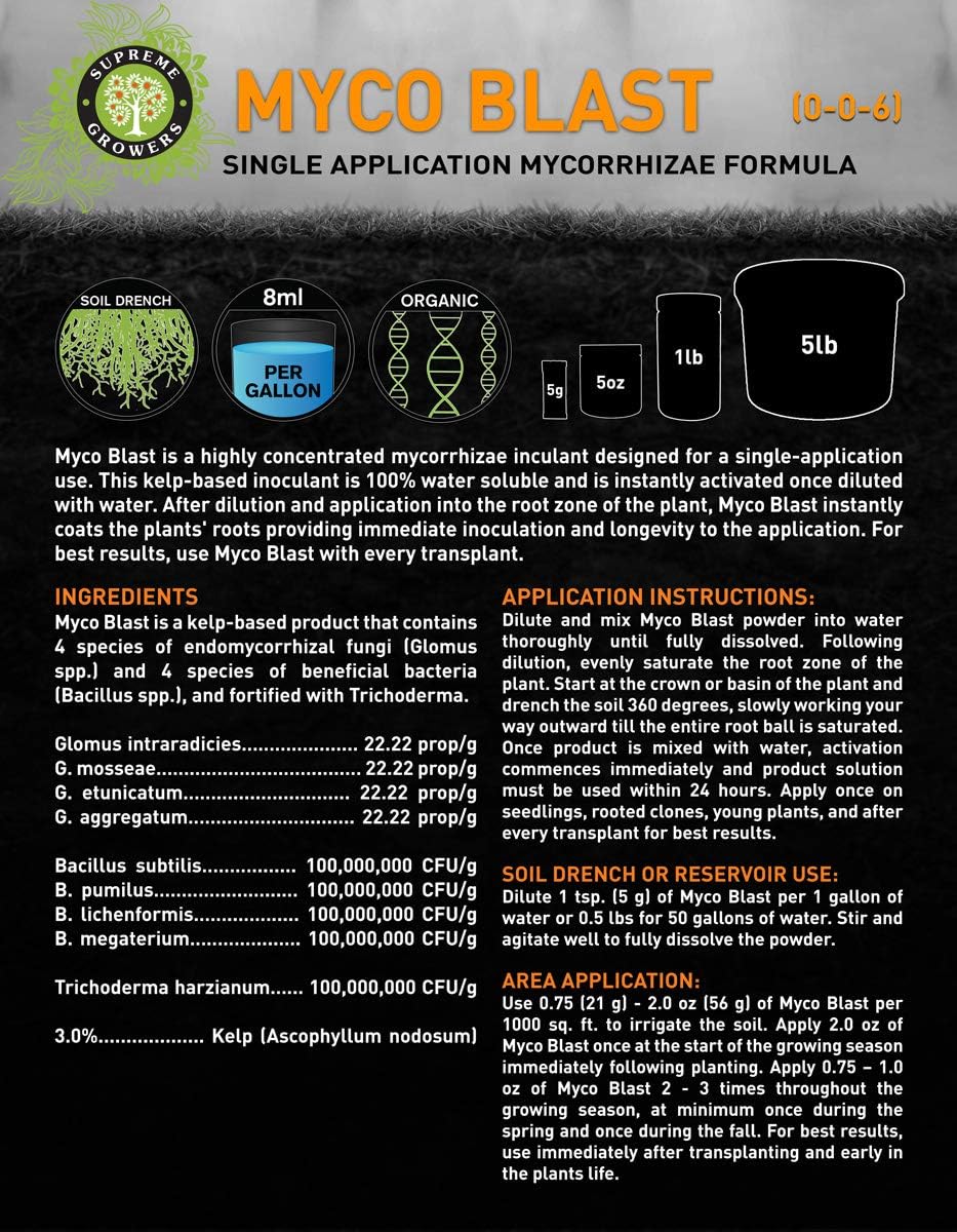 Myco Blast Concentrate by Supreme Growers Single Use Mycorrhizae Inoculant Coats Plant Roots Enhances Soil Fertility Fortified with Trichoderma 5lb Bucket Makes 470 Gallons