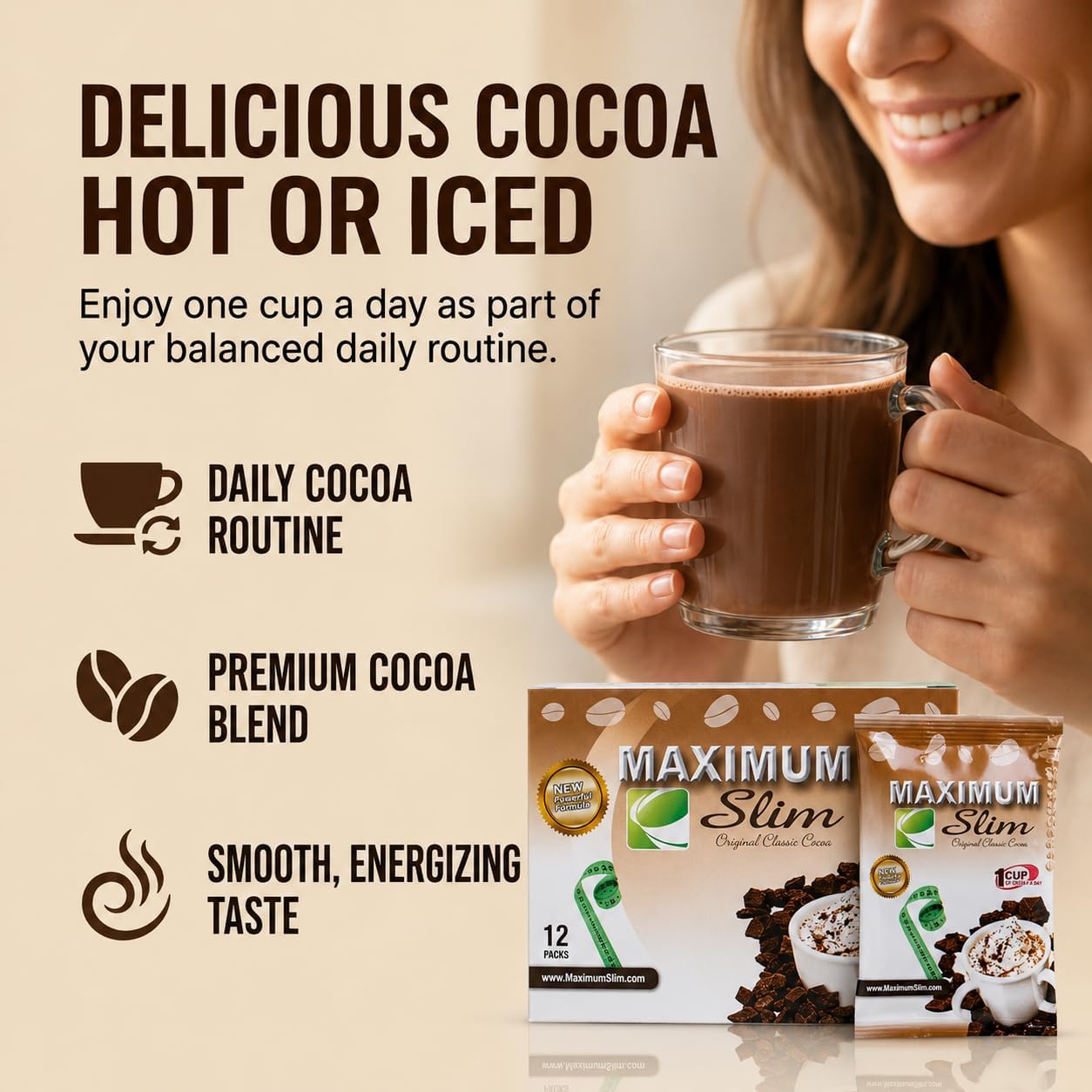 Maximum Slim Premium Instant Cocoa – Creamy, Delicious 4-in-1 Formula with Natural Herbal Extracts for Energy & Vitality