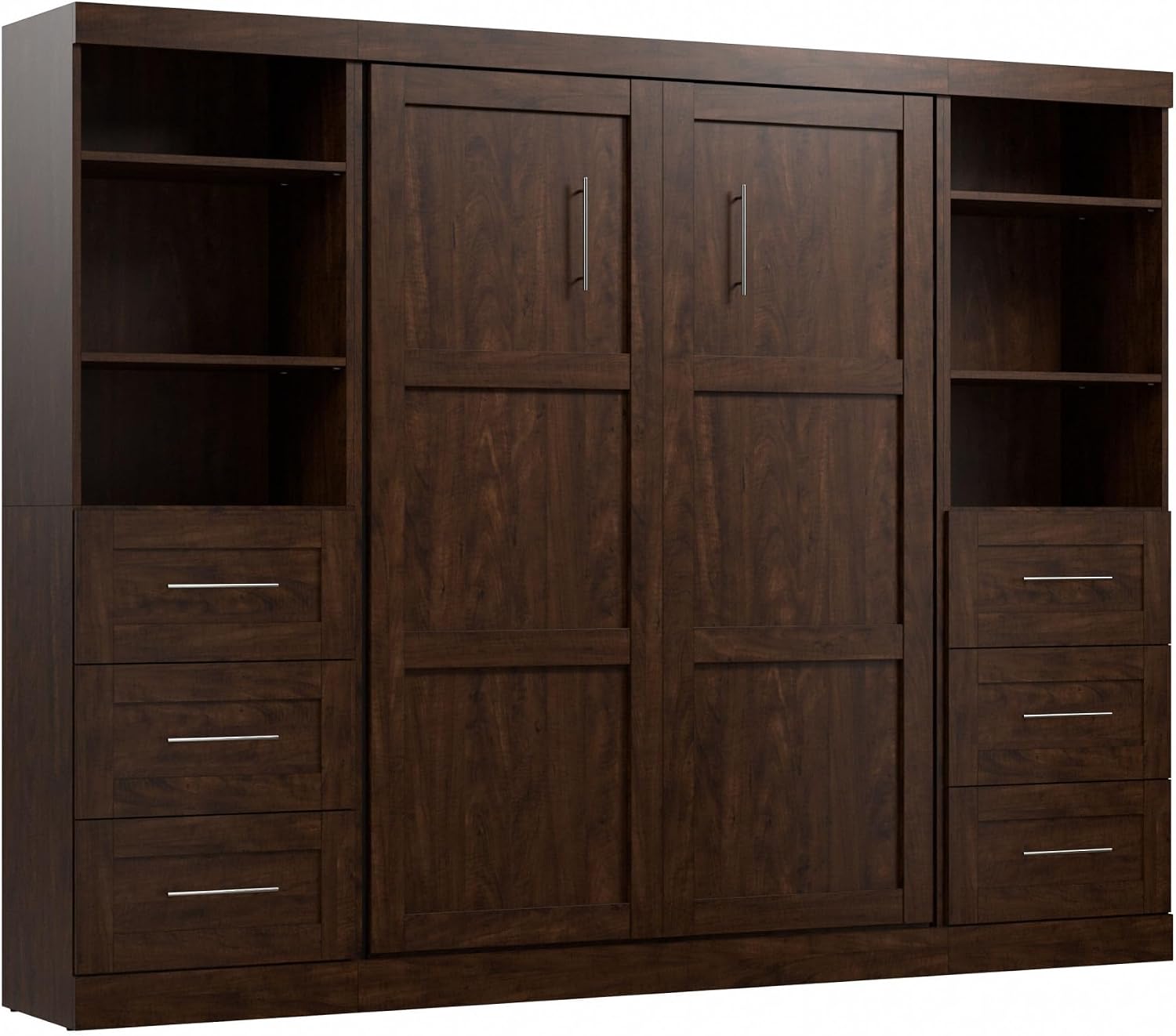 Bestar Pur Full Murphy Bed and 2 Shelving Units with Drawers, 109-inch Space-Saving Sleeping Arrangement in White | 2 Shelving Units with Drawers; supports up to 1000 lb; min. ceiling height 86.4 in.; dual piston mechanism; 10-year warranty
