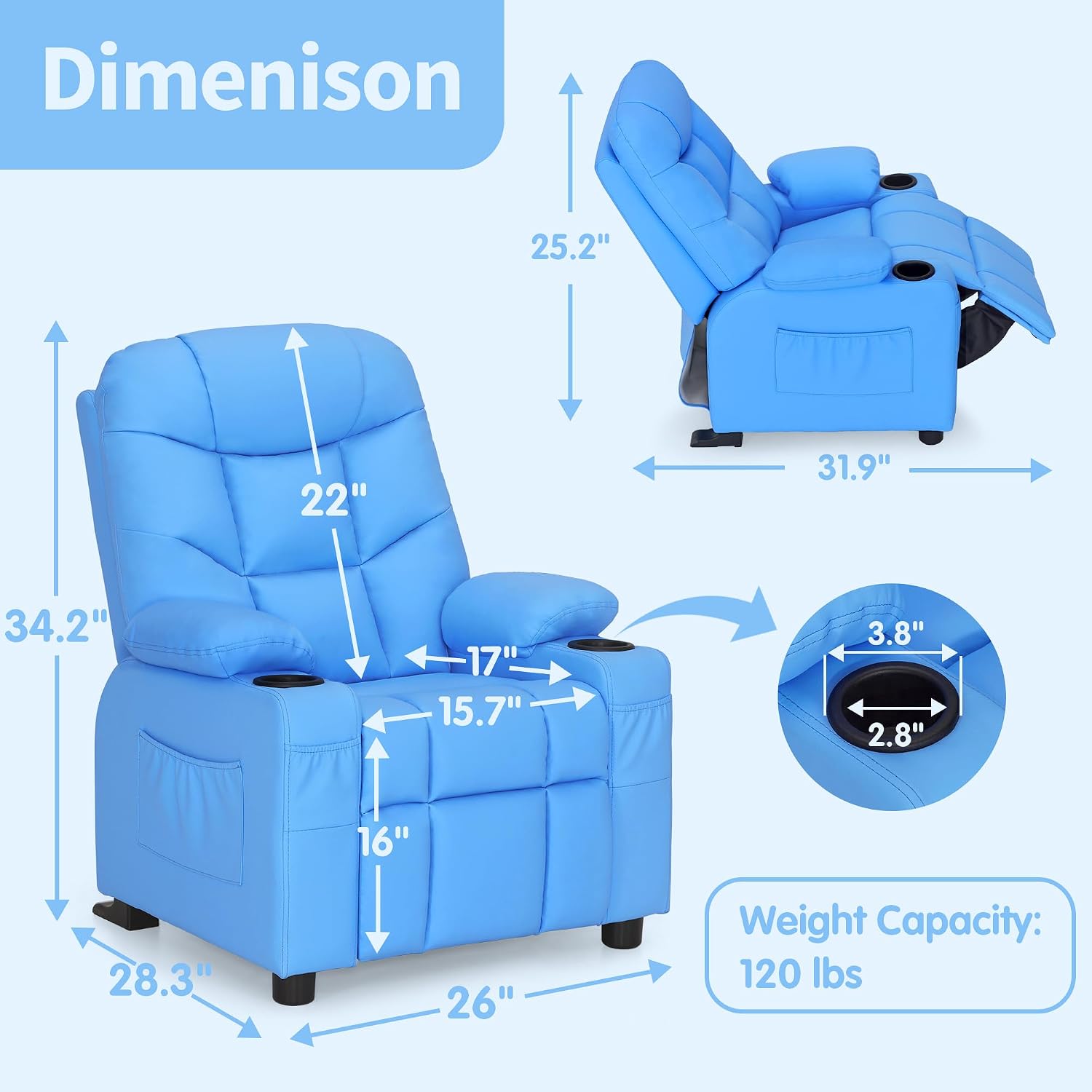 MCombo Big Kids Recliner for Ages 3+, Toddlers Recliner 7355 Velvet, Blue