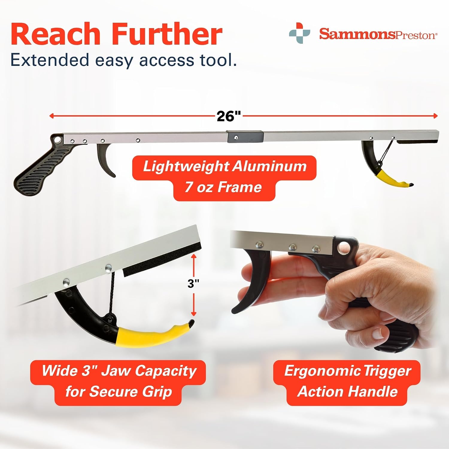 Sammons Preston Reacher, 32" Grabber Tool for Seniors, Magnetic Tip, Silver | Lightweight grabber reacher tool with magnetic tip, ergonomic grip and claw jaw, a reaching aid for seniors