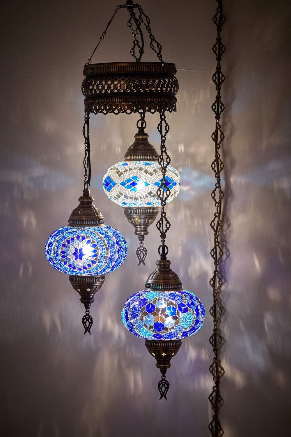 DEMMEX 3 Large Globe Plug-in Turkish Moroccan Mosaic Chandelier, Hanging Lamp, Ceiling Light Fixture with 15ft Cord & Chain for Living Room
