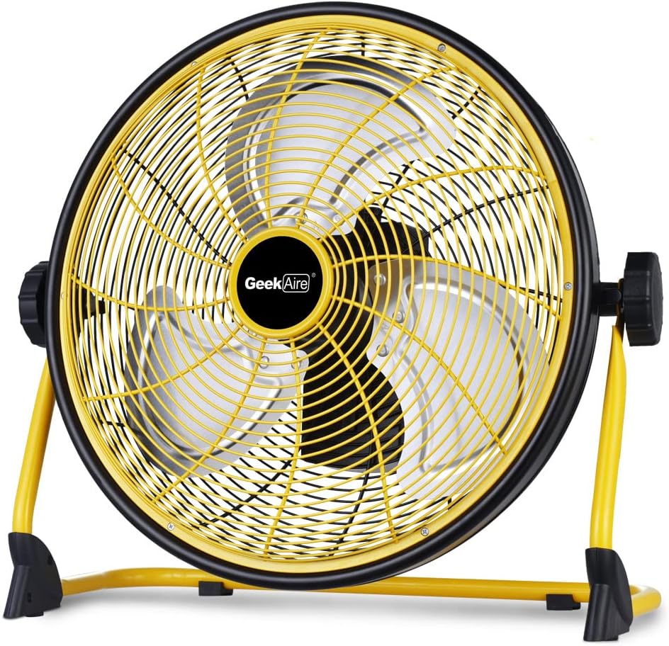 Geek Aire 16" Portable Battery Operated Floor Fan, Metal High Velocity Fan | 24 Hour Runtime, 1900 CFM Airflow, Powerful Brushless Motor, 360° Tilt