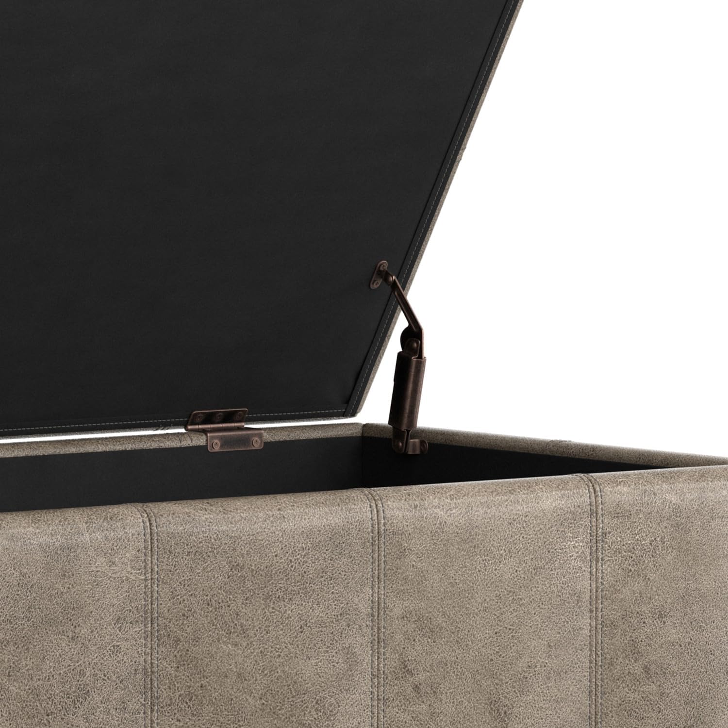 SIMPLIHOME Dover 36" Wide Vegan Leather Storage Ottoman in Midnight Black | Distressed umber brown, contemporary ottoman with lift-top and safety hinges; rectangle storage bench for living room.