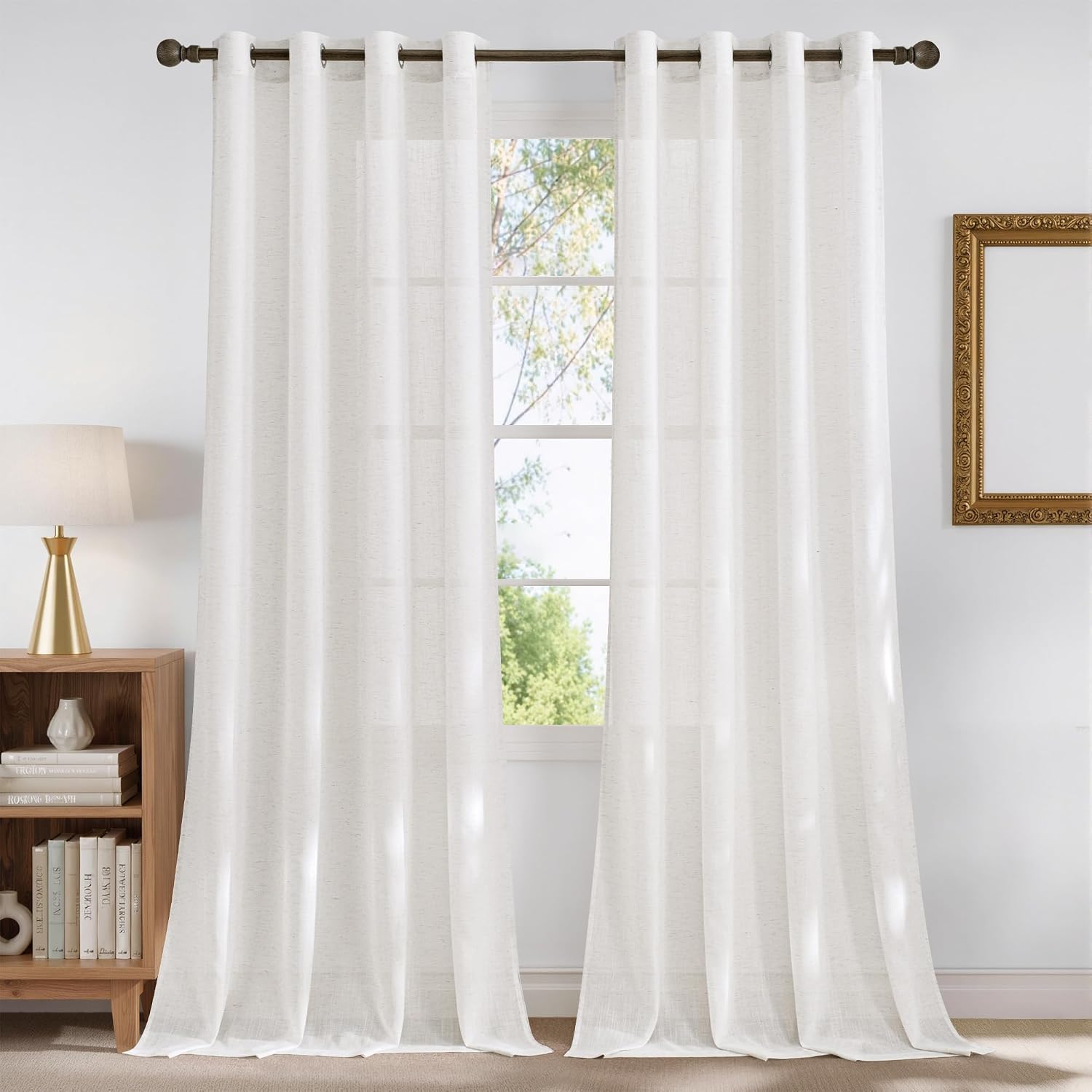 NICETOWN Linen Curtains White Semi Sheer 72 inch Long for Windows, Privacy with Light Filtering Grommet Top Window Treatments for Bedroom/Living Room