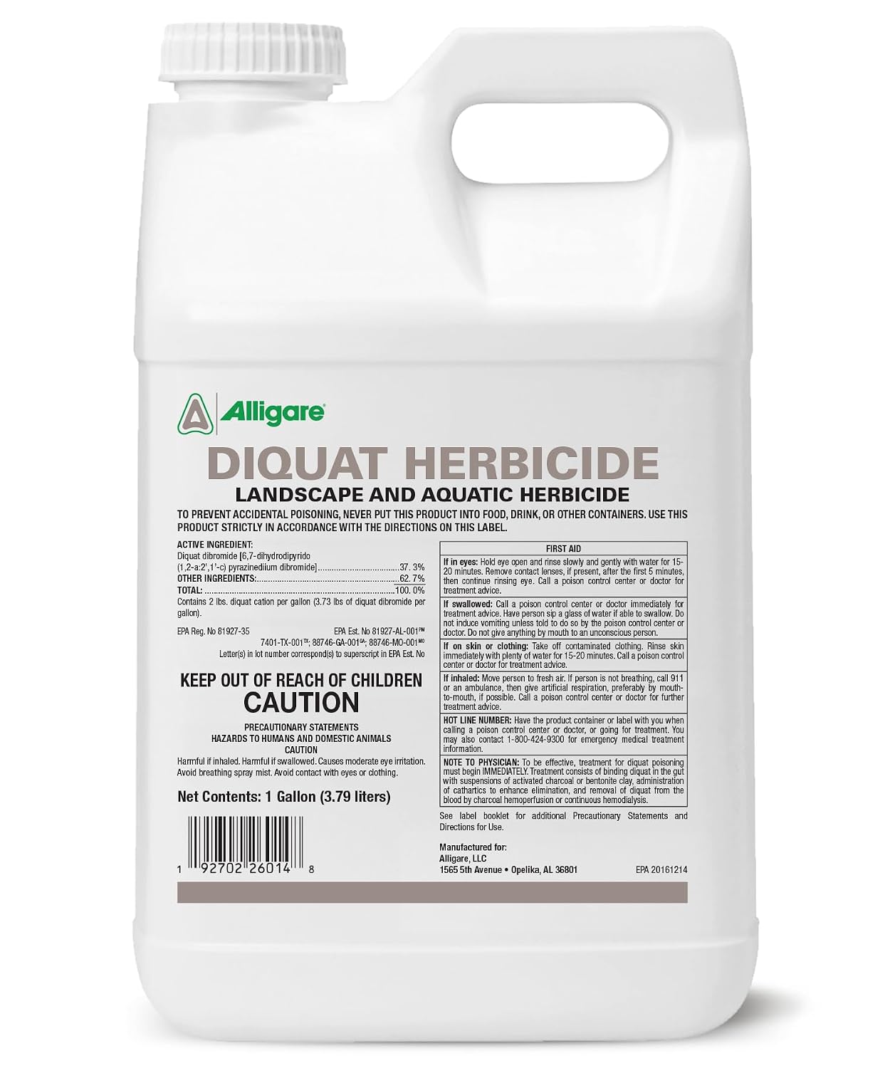 Alligare Diquat Herbicide to Control Bluegrass, Duckweed, Hydrilla & More - Glyphosate Alternative, Fast-Acting Non-Selective Liquid Weed Killer for Aquatic & Landscape Use - 2.5 Gallon