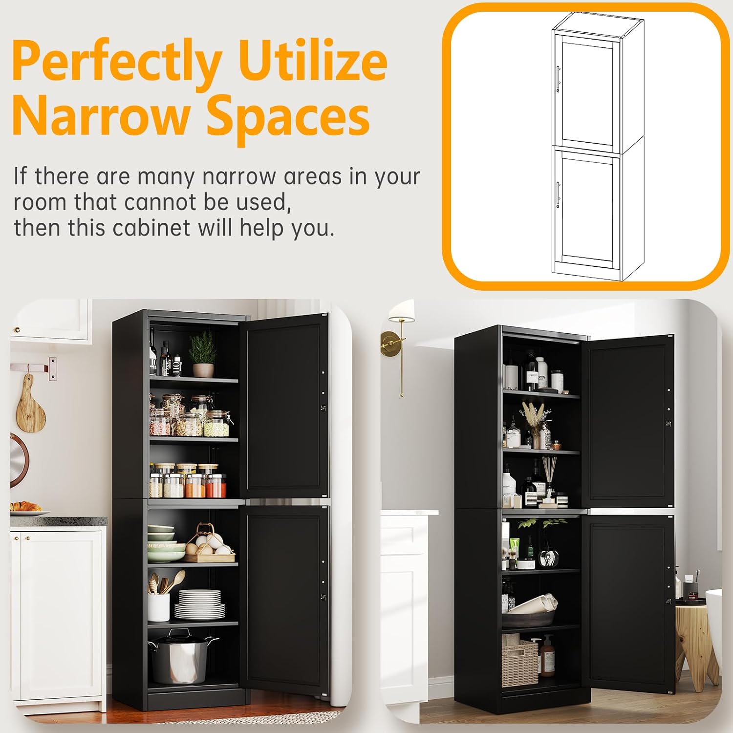 Ckzbx Tall Narrow Storage Cabinet 66.93" H Tall Bathroom Cabinet Metal Pantry Cabinets, 4 Adjustable Shelves for Kitchen, Home Office, Living Room, Dinning Room (20 inches Wide White)