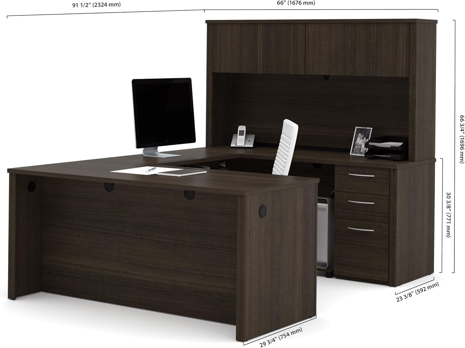 Bestar Embassy 66W U-Shaped Executive Desk with Pedestal and Hutch in Dark Chocolate | With Pedestal and Hutch, with Narrow Desk Shell, Desk Shell