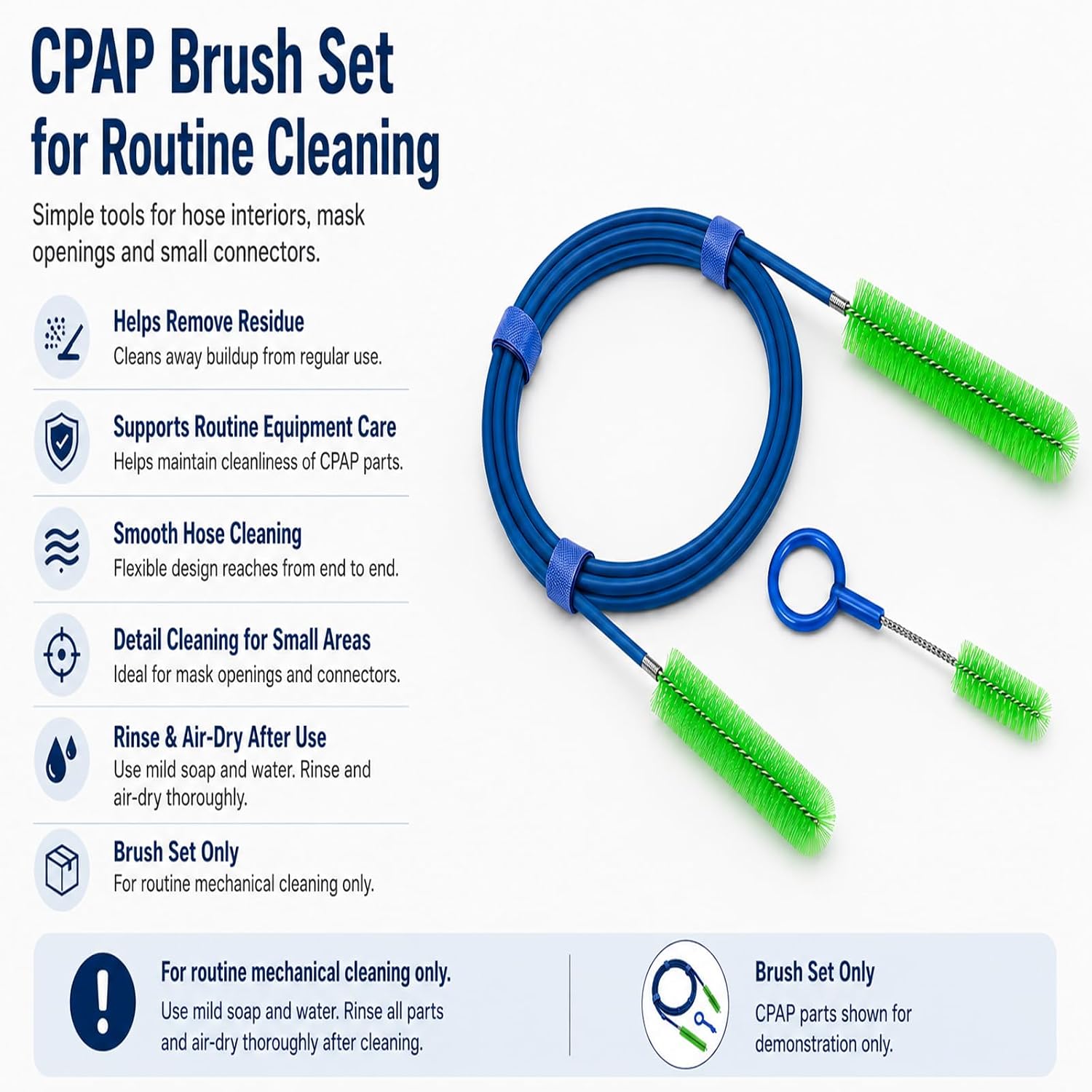 CPAP Cleaning Brush Set, 78.7 in Dual-Ended CPAP Hose Brush for 22 mm & 15 mm Tubing, Tube Cleaning Brush & Hose Cleaner Brush with Detail Brush for Mask