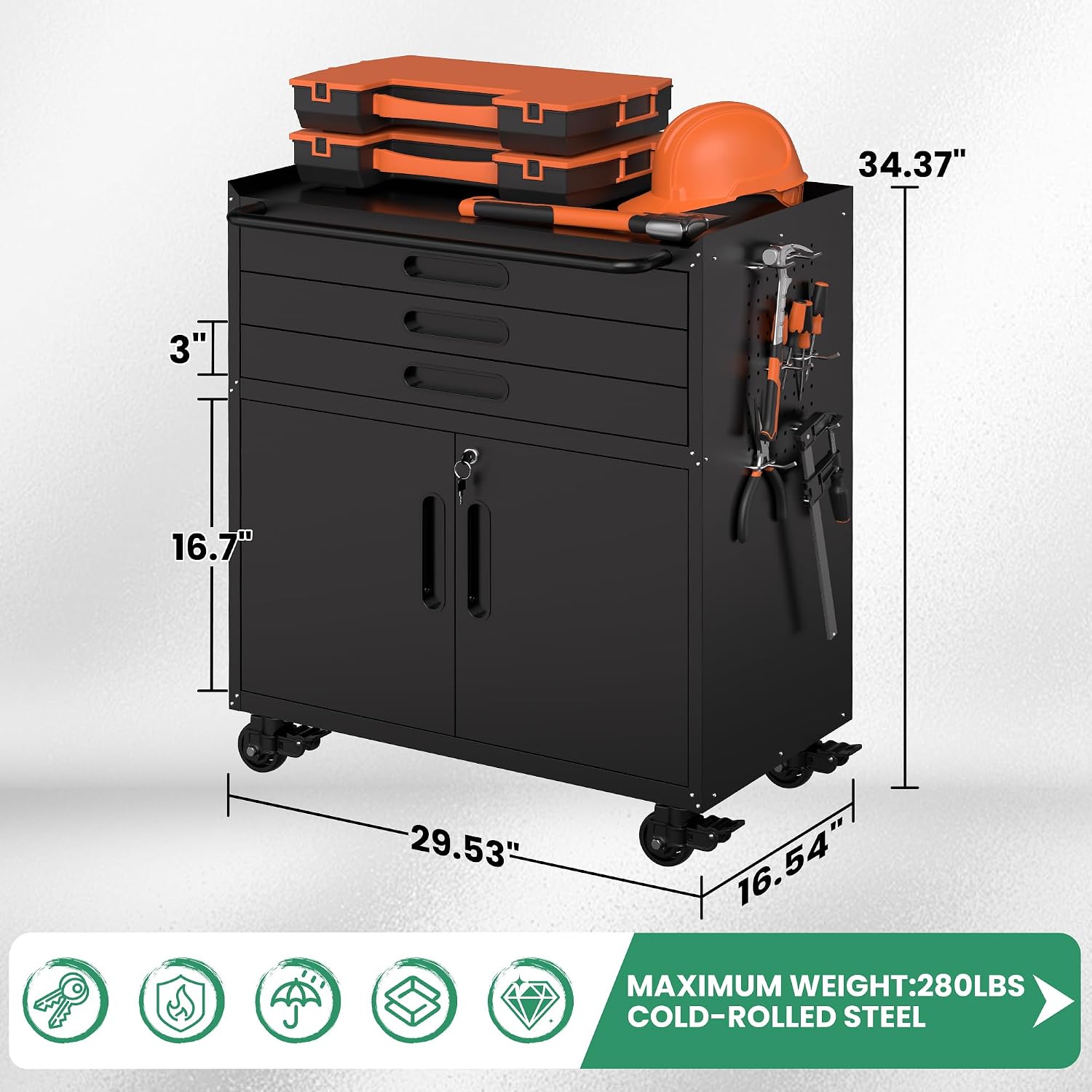 Garage Cabinets,Metal Garage Storage Cabinet with Wheels,Black Lockable Rolling Tool Cabinet with Drawer and Adjustable Shelves,Heavy Duty Tool Chest for Home Office Utility Room
