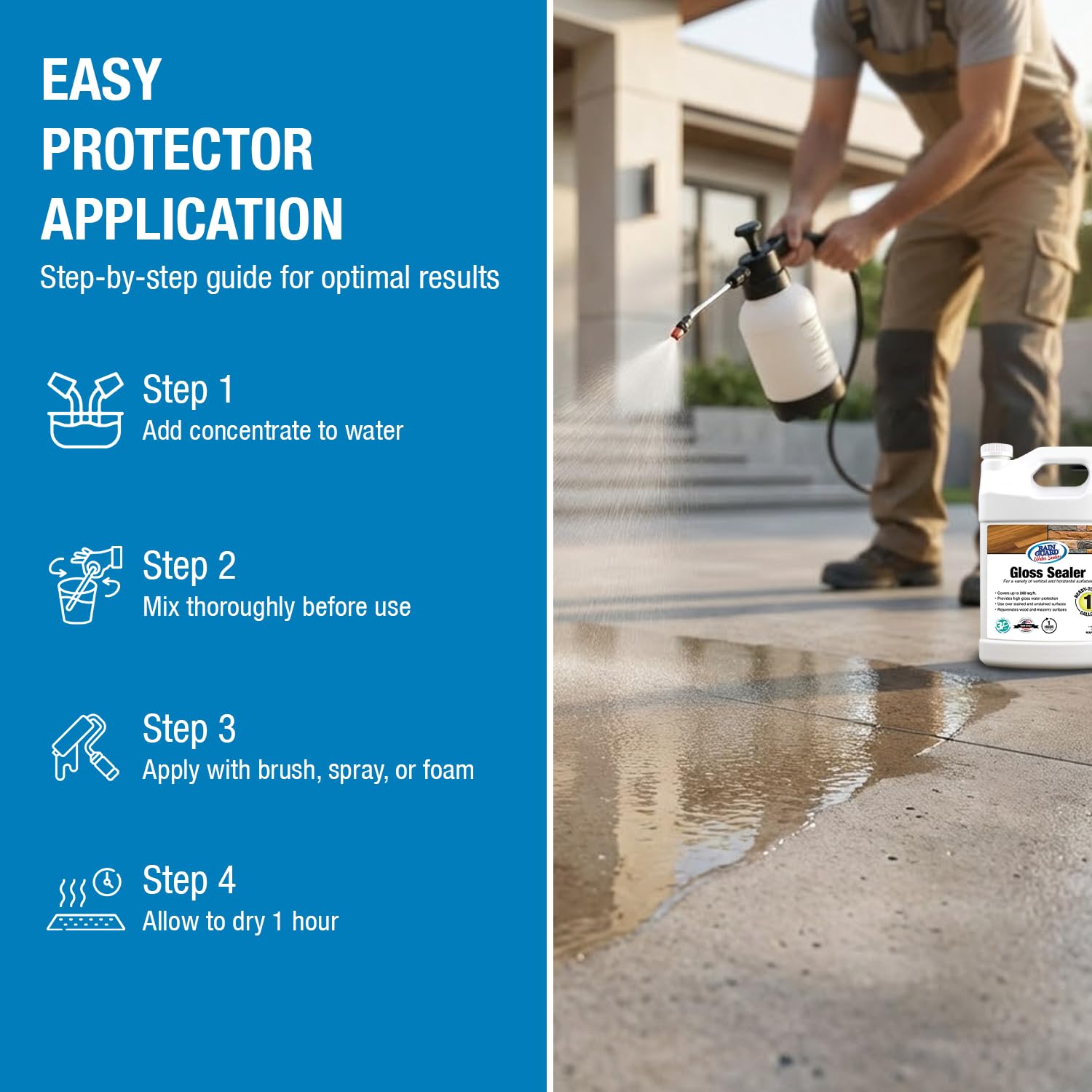 Rainguard Clear Gloss Sealer, Wet Look Water Based Silicone Acrylic Waterproofer for Concrete, Wood, Brick, Stone & Masonry Surfaces, Ready to Use, 1 Gallon | Water Based Silicone Acrylic For Wood, Brick, Stone & Masonry Surfaces, Ready To Use For Pavers…